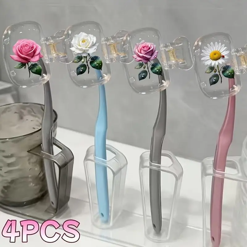 4pcs Floral Pattern Travel Toothbrush Head Covers - Cute Design, Protective Plastic Caps for Home and Travel Use, Portable Brush Protector Case for Bathroom, Camping, and Business Supplies, Adorable Toothbrush, Lively Design, Easy-Access Design