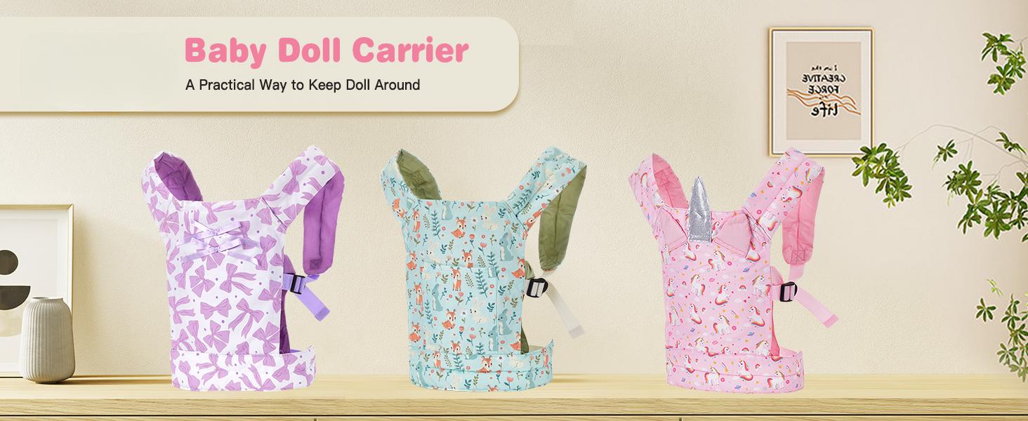 Baby Doll Carrier, Front and Back Doll Accessories Carrier for Little Girls, with Adjustable Straps for Stuffed Animal Reborn Baby Doll, Pink Unicorn