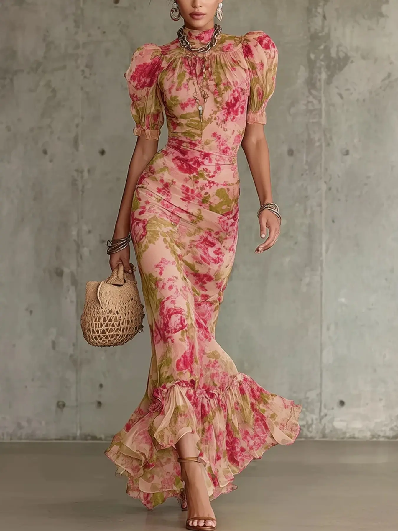 Elegant French Style Bubble Sleeve Print Long Dress, High-End Layered Mesh Fish Tail Skirt, Back Zipper Design, Spring Summer Fashion