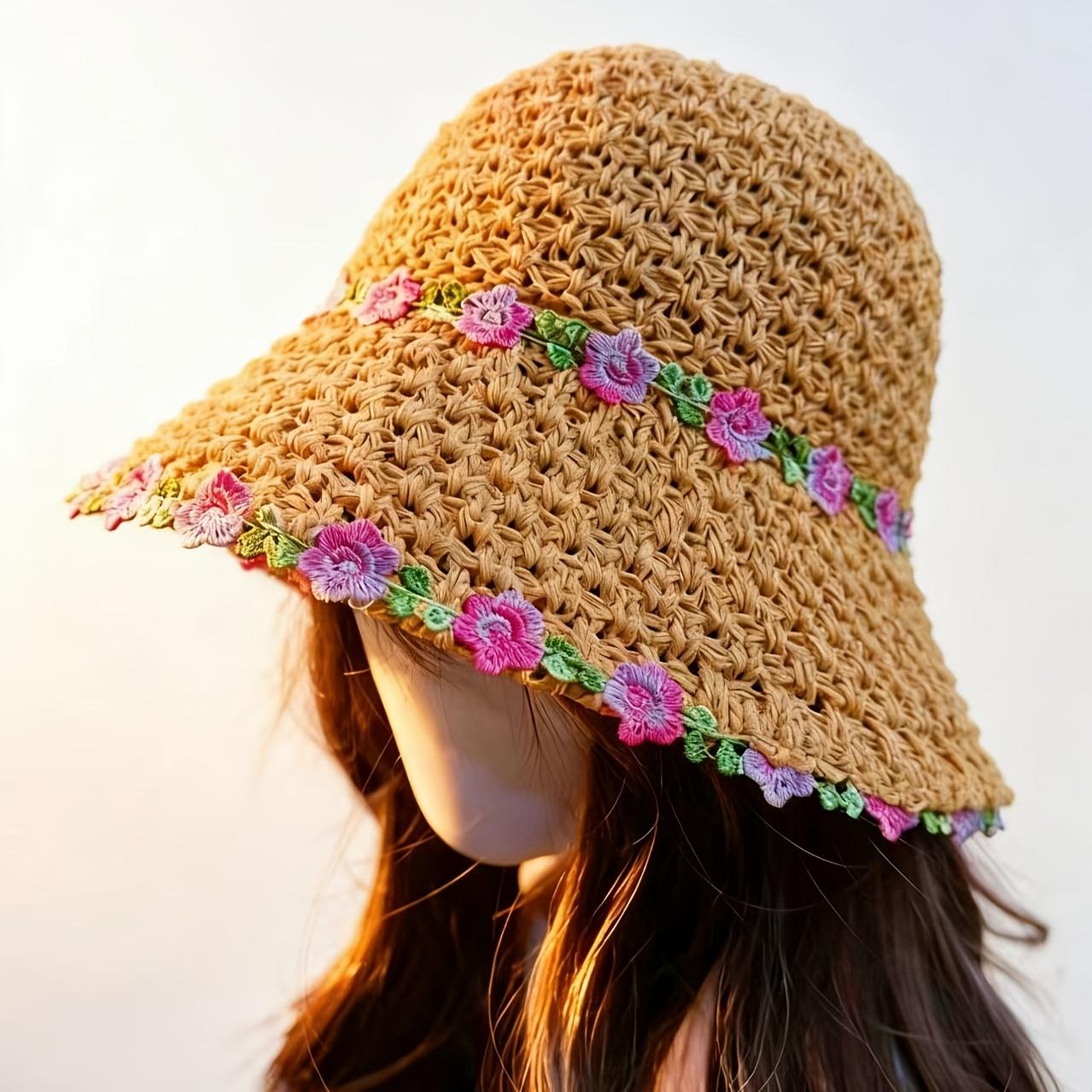 Women's Fashion Summer Floral Straw Hat - Purely hand-woven, light and breathable foldable beach hat with floral embellishments, perfect for casual wear, travel and outdoor activities, the ideal wide-brimmed summer hat gift for women