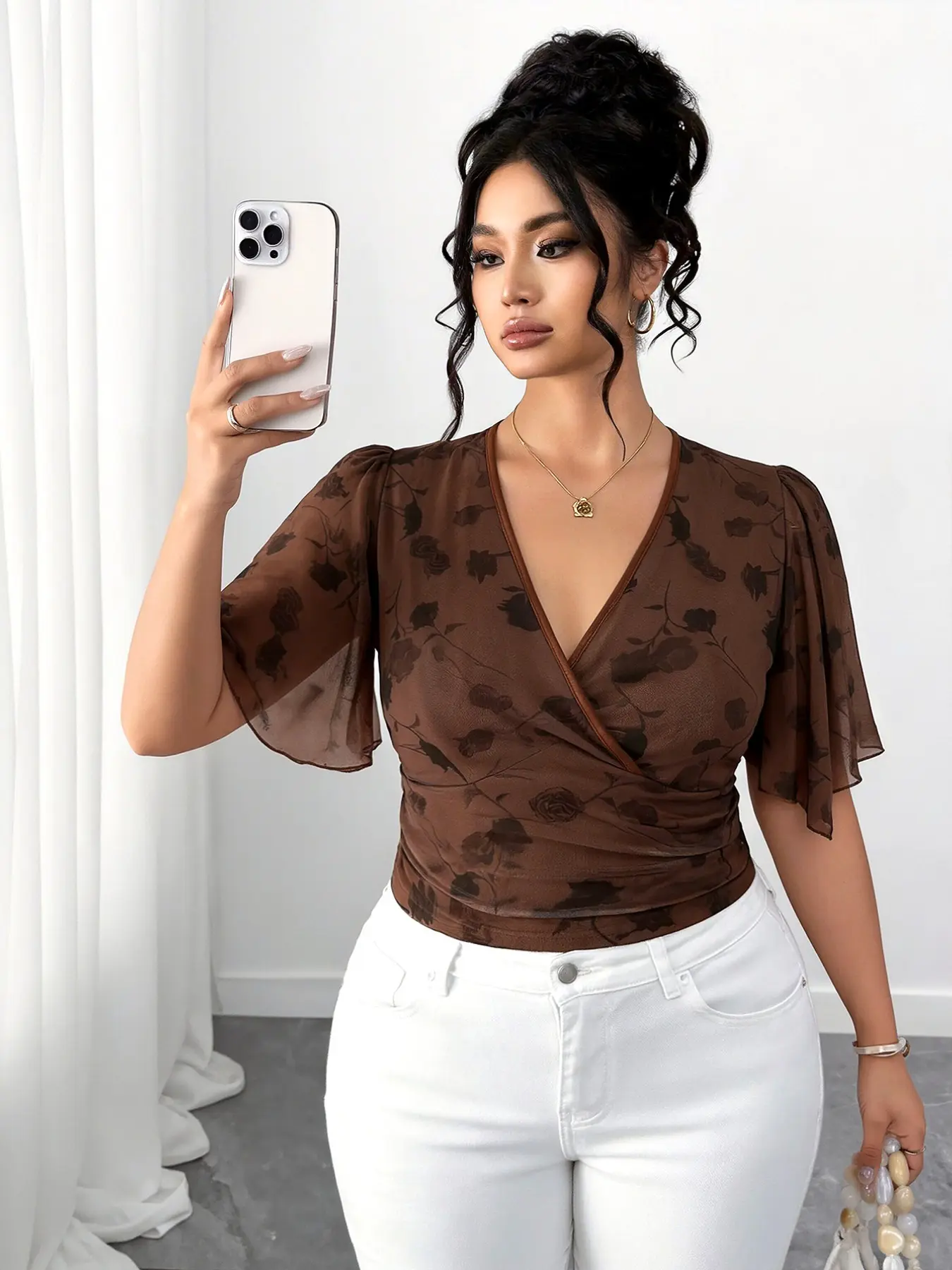 Plus Size V Neck Flutter Sleeve Floral Print Short Top, Ruched Waist Slimming, Chic Daily Date Commute