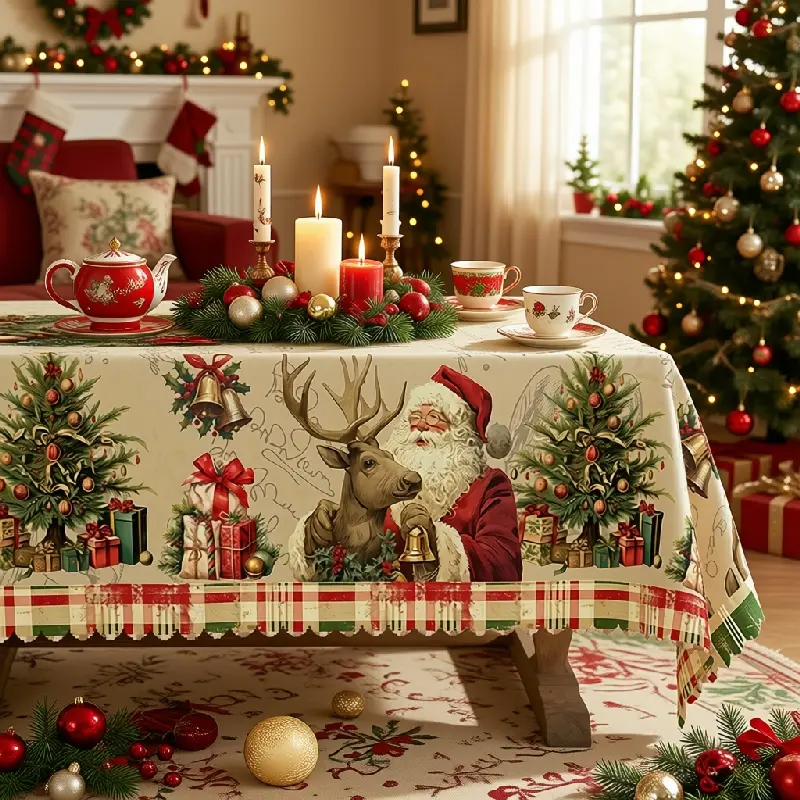 Christmas Santa Reindeer & Gift Plaid Printed Round Tablecloth - Festive Holiday Decor for Dining Events, Polyester, Machine Washable, Multi-Size, Clearance Sale, Round, Table Protection