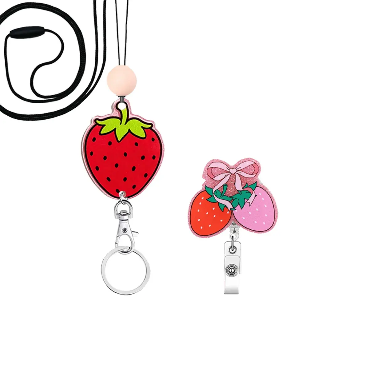 Shiny Strawberry ID Badge Clip with Lanyard, Nurse Badge Holder, Teacher Office ID Strap, Keychain, Ideal for Healthcare Workers