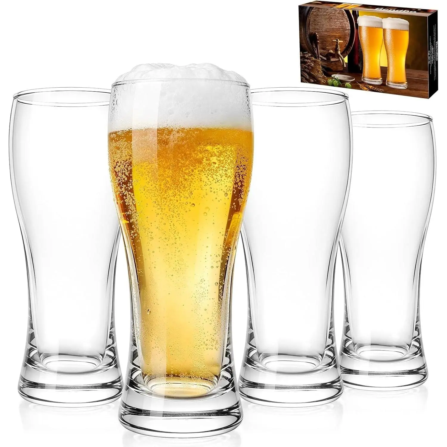 Beer Glasses Set of 4, 16 oz Pilsner Pint Glasses, Classics Craft Wheat Beer Glassware, Ideal Drinking Gift for Men