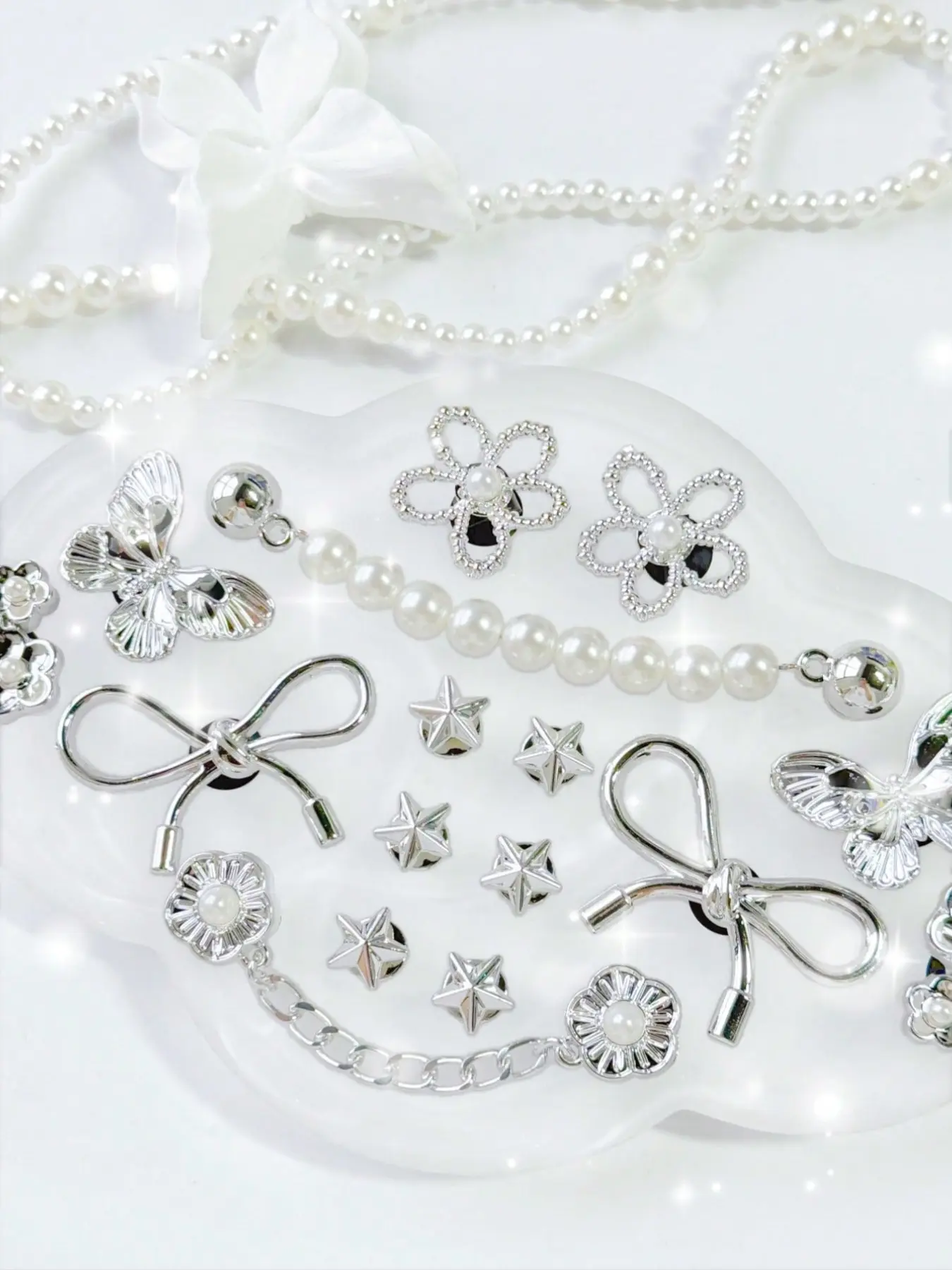 16pcs Silver Color Abs Rhinestone Chains, Cute Butterfly Flower Bow Star Shoe Clips, Shoe Decoration Charms, DIY Decorations for Women's Sandals Flip Flops Beach Bag, Shoe Accessories