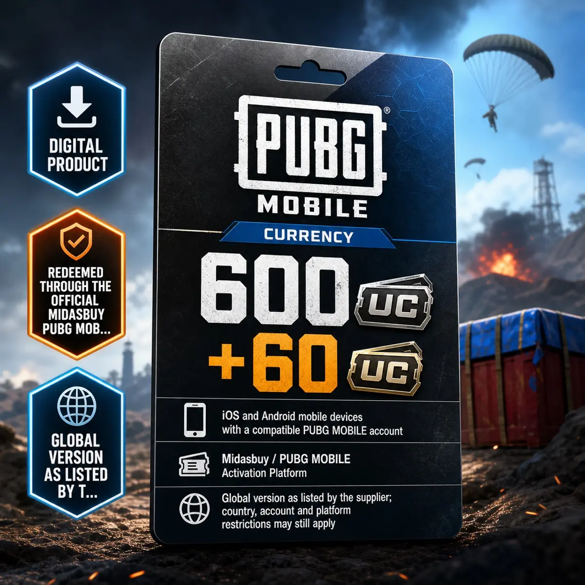 PUBG MOBILE 600 + 60 UC Digital Code, Currency, iOS and Android mobile devices with a compatible PUBG MOBILE account, Midasbuy / PUBG MOBILE, Global version as listed by the supplier