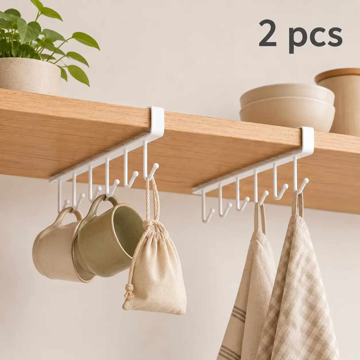2 Pack Steel Under Shelf Mug Racks, 6-Hook No-Drill Hanging Organiser for Kitchen Cups and Utensils, Laundry, Slide, Home Organization Storage, Damage‑Free Hang