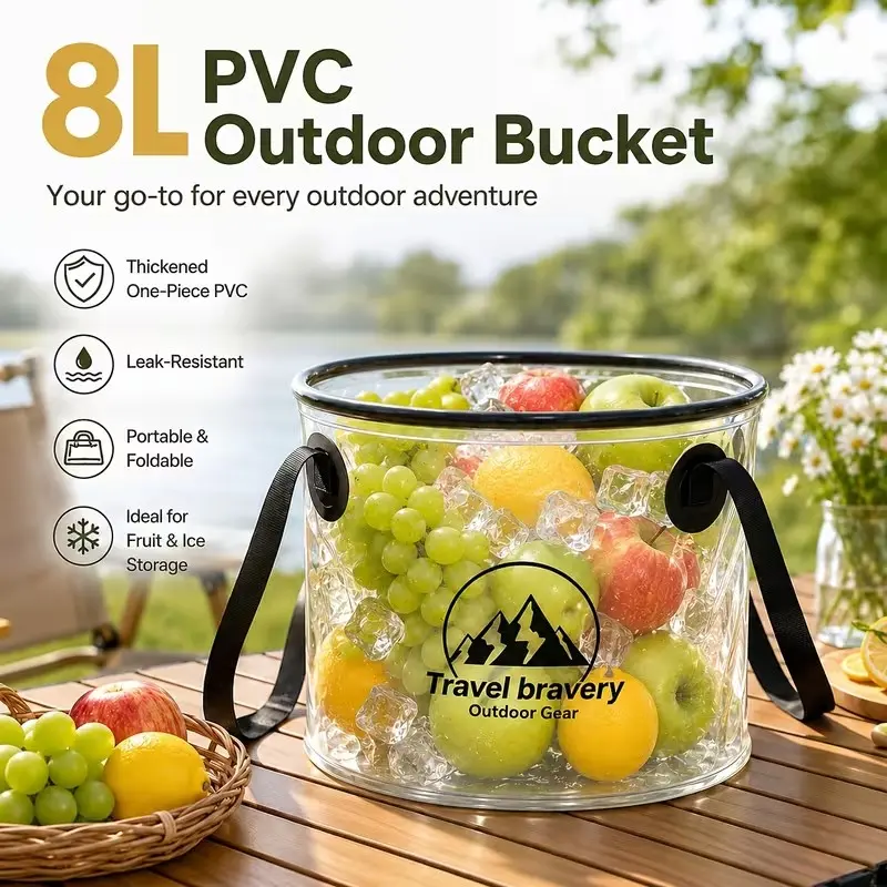 Collapsible PVC Water Bucket with Long Woven Handles, Thickened Clear Portable Container for Camping, Fishing, Picnics, Gardening, Drinks & Fruit Storage