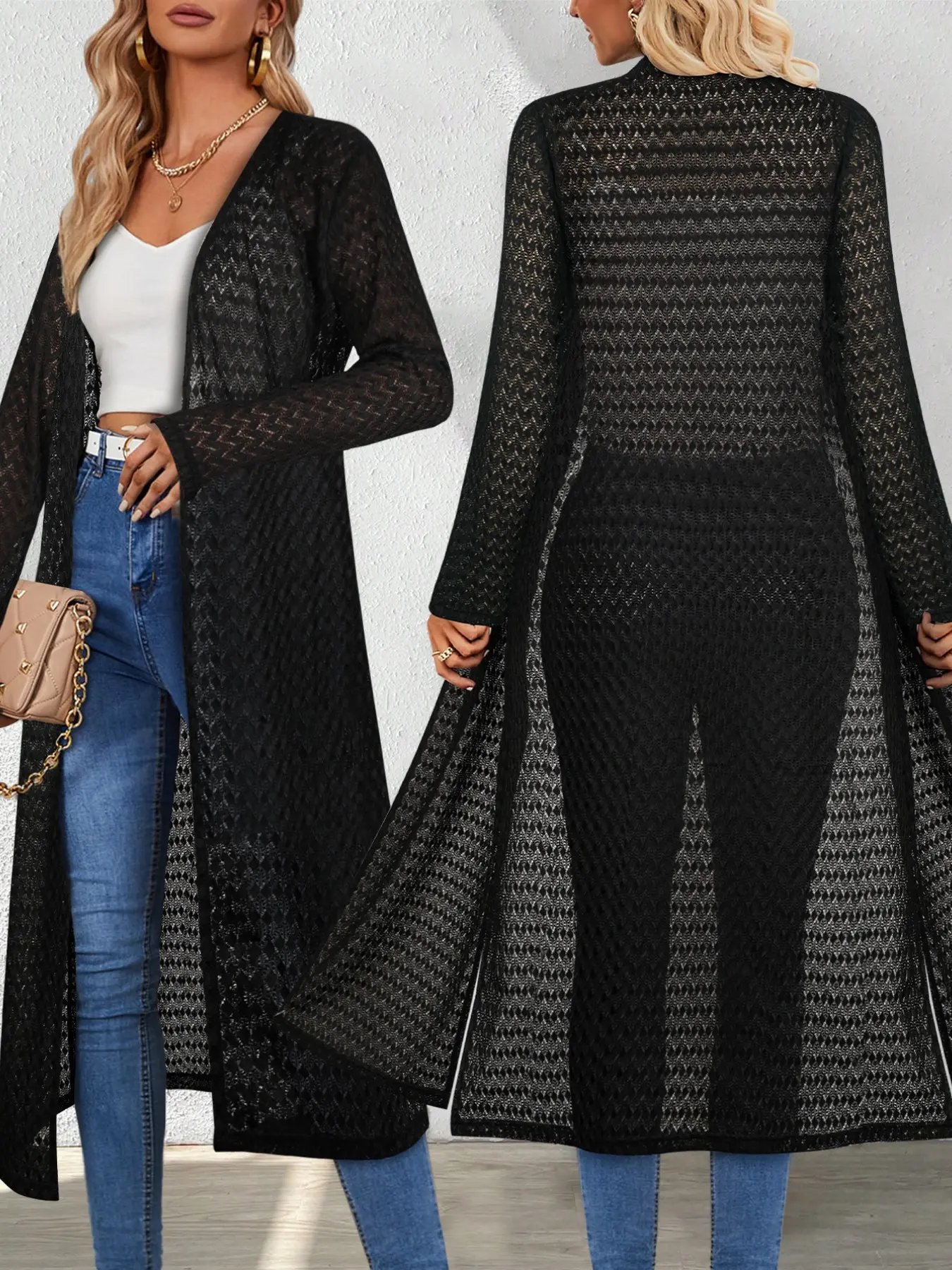 Women's Transitional Season Solid Color Long Sleeve Side-Slit Knitwear Cardigan Longline Lounge Cover-Up for Everyday Casual Wear Knitting