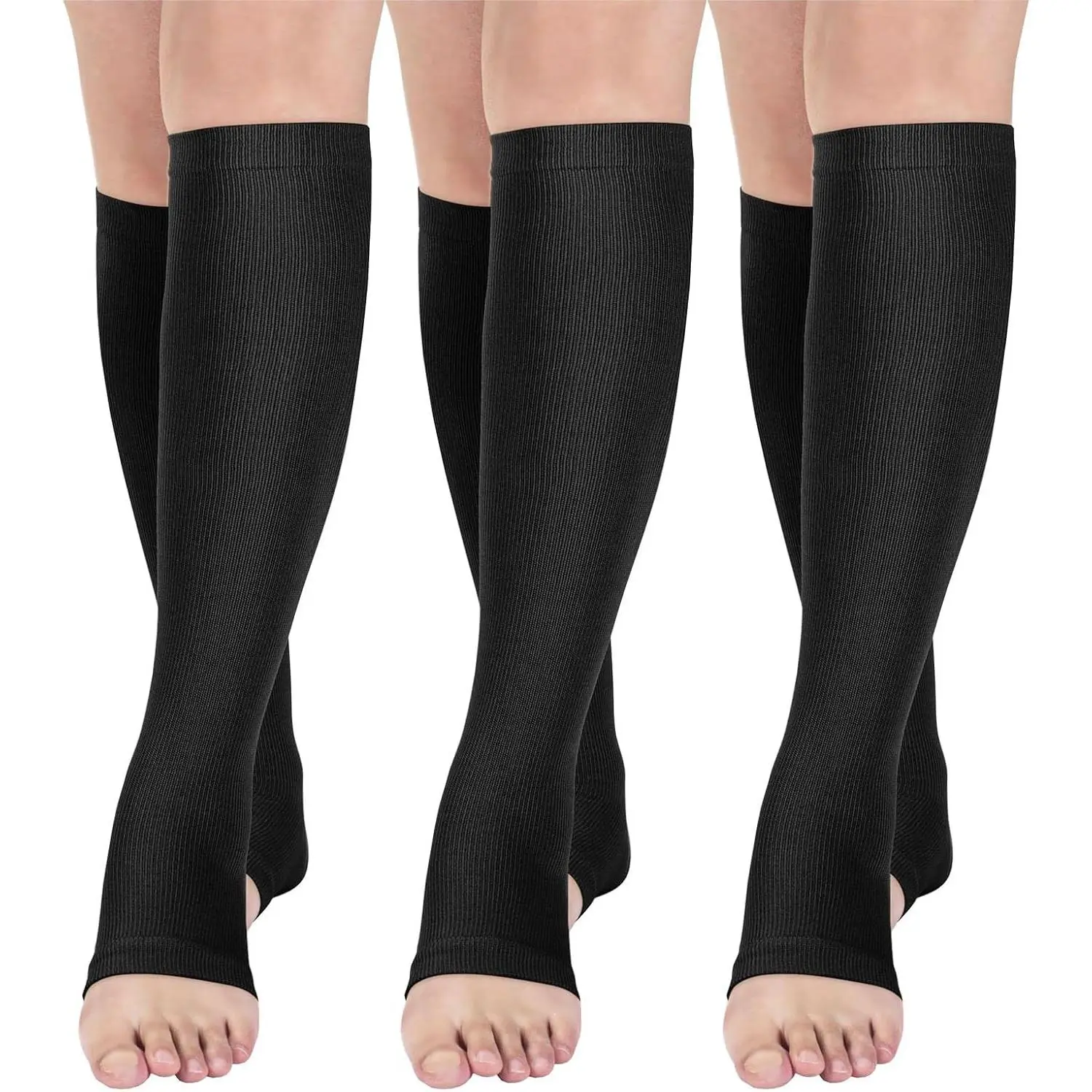 Compression Stockings for Women, 3 Pairs Open Toe Nylon Athletic Support with 15-20 mmHg for Running & Flight Travel
