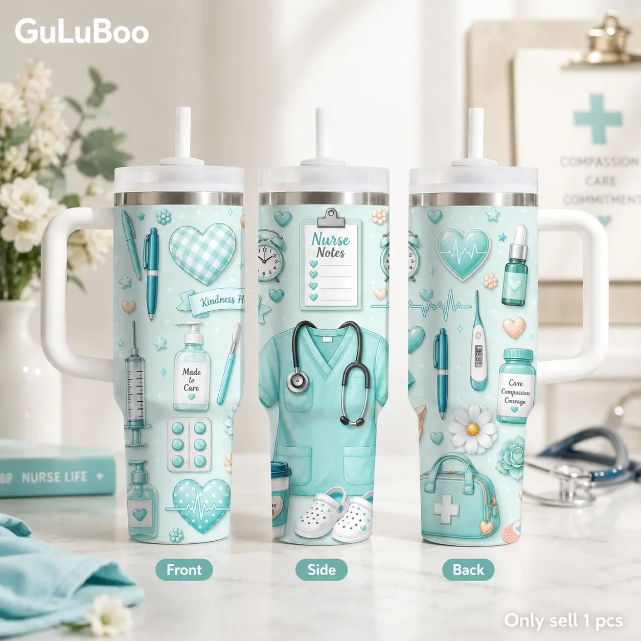 Cute Nurse Life Watercolor Clipart Vacuum Flasks 40oz Stainless Steel Tumbler with Handle & Straw – Vacuum Insulated Travel Mug, Keeps Drinks Cold Up to 24H, Leak-Resistant Cup for Iced Coffee, Water, Gym, Office & Travel Drinkware