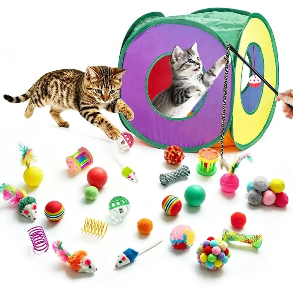 33 Pack Cat Toys for Indoor Cats, Collapsible Kitty Tunnel Tent with Feather Teaser Wand, Springs Balls Bell Mouse Interactive Kitten Hideaway Playhouse 15.7 Inches