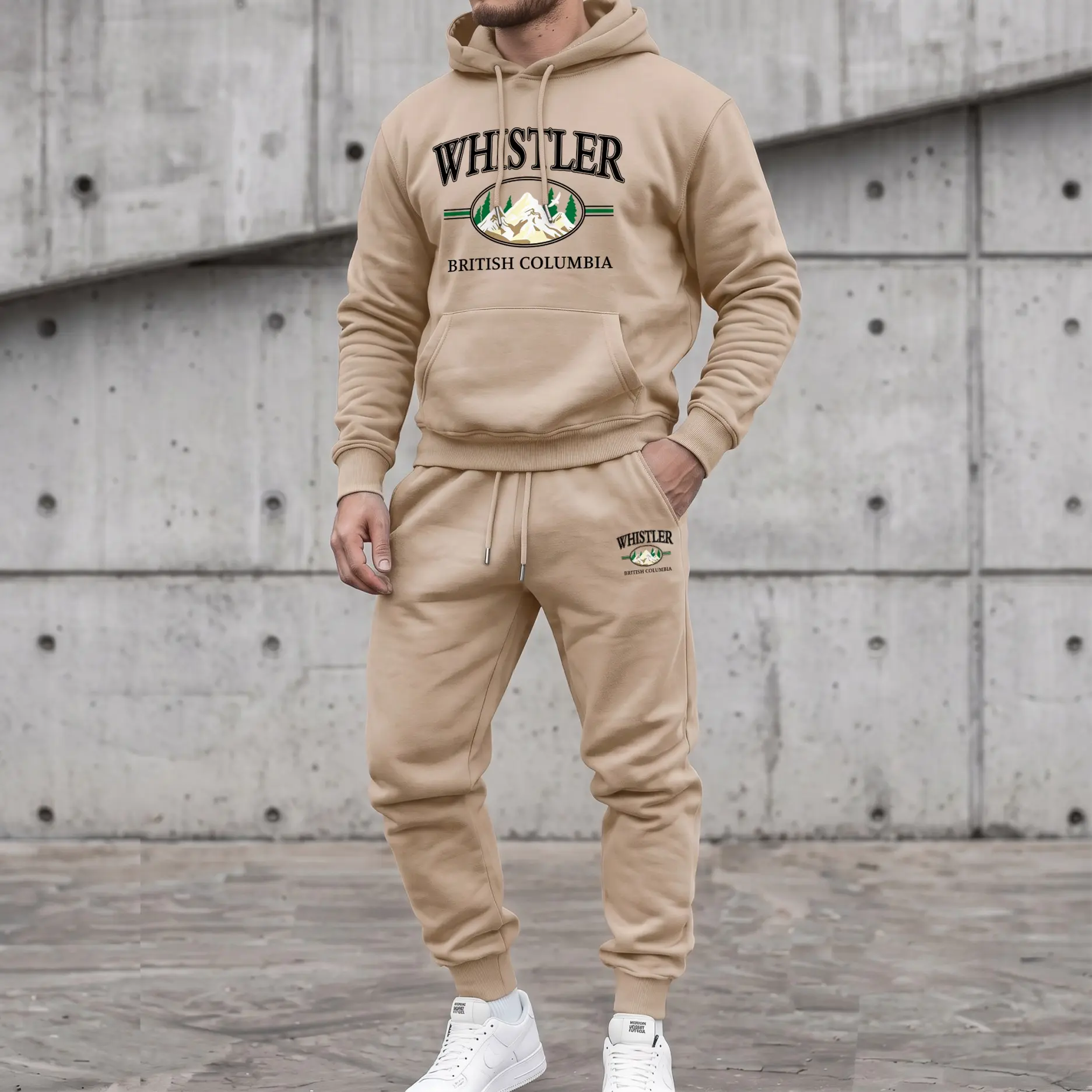 Men's Minimalist Loose-Fit 2-Piece Whistler British Columbia Mountain Letter Print Hoodie & Sweatpants Outfits - Long-Sleeve Drawstring Pullover, Jogger Pants, Polyester Clothes for Fall Winter Daily Wear, Outdoor Activities, Breathable, Machine Washable