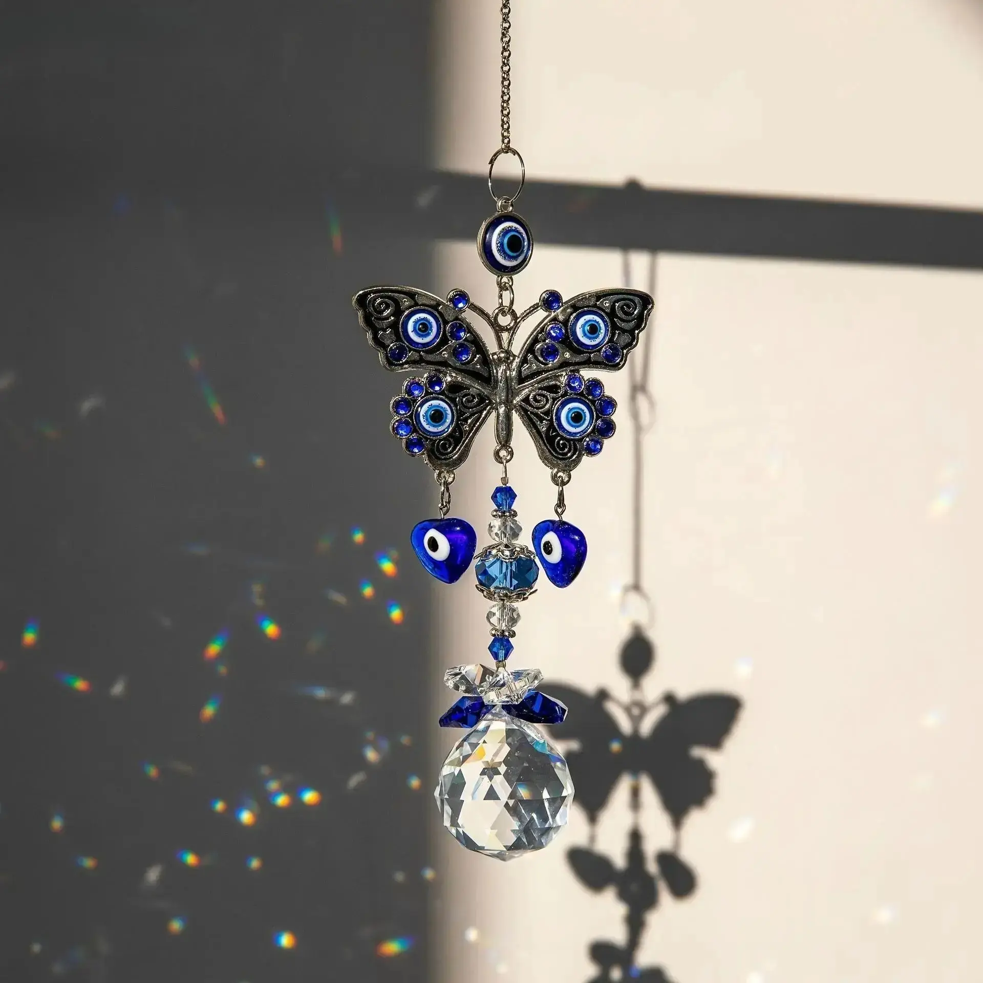 Evil Eye Suncatcher Crystal Glass Prism, Hangable Rainbow Maker for Window, Wall & Garden, Room Decorations & Unique Gift Ideas, Protection Charm, Rainbow Effect, Window Hanging