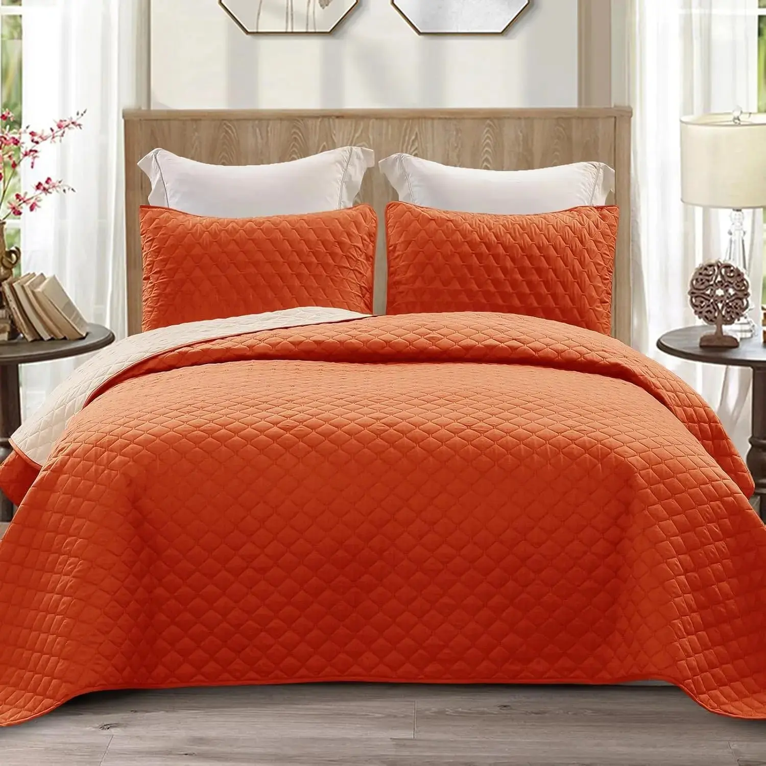Reversible Full Queen Bedding Set with Pillow Shams, Lightweight Queen Size, Soft Bedspreads Bed Coverlets for All - (Burnt Orange, 90"x96")