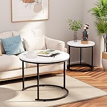 Round Nesting Coffee Table Side Table Set of 2 End Tables for Living Room Bedroom Balcony, White Faux Marble Wooden Table Accent Coffee Table with Black Steel Frame
