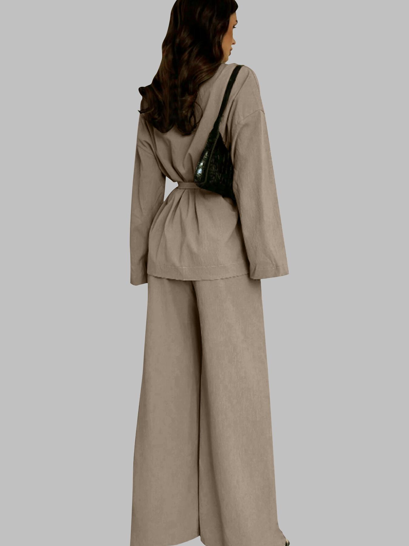 Two-piece Set Women's Solid Color Long Sleeve Open Front Blazer & Wide Leg Pants Set, Casual Elegant Fitted Two-piece Outfits for Work Office Business, Ladies Spring & Fall Clothes, Chic Womenswear, Minimalist Suits