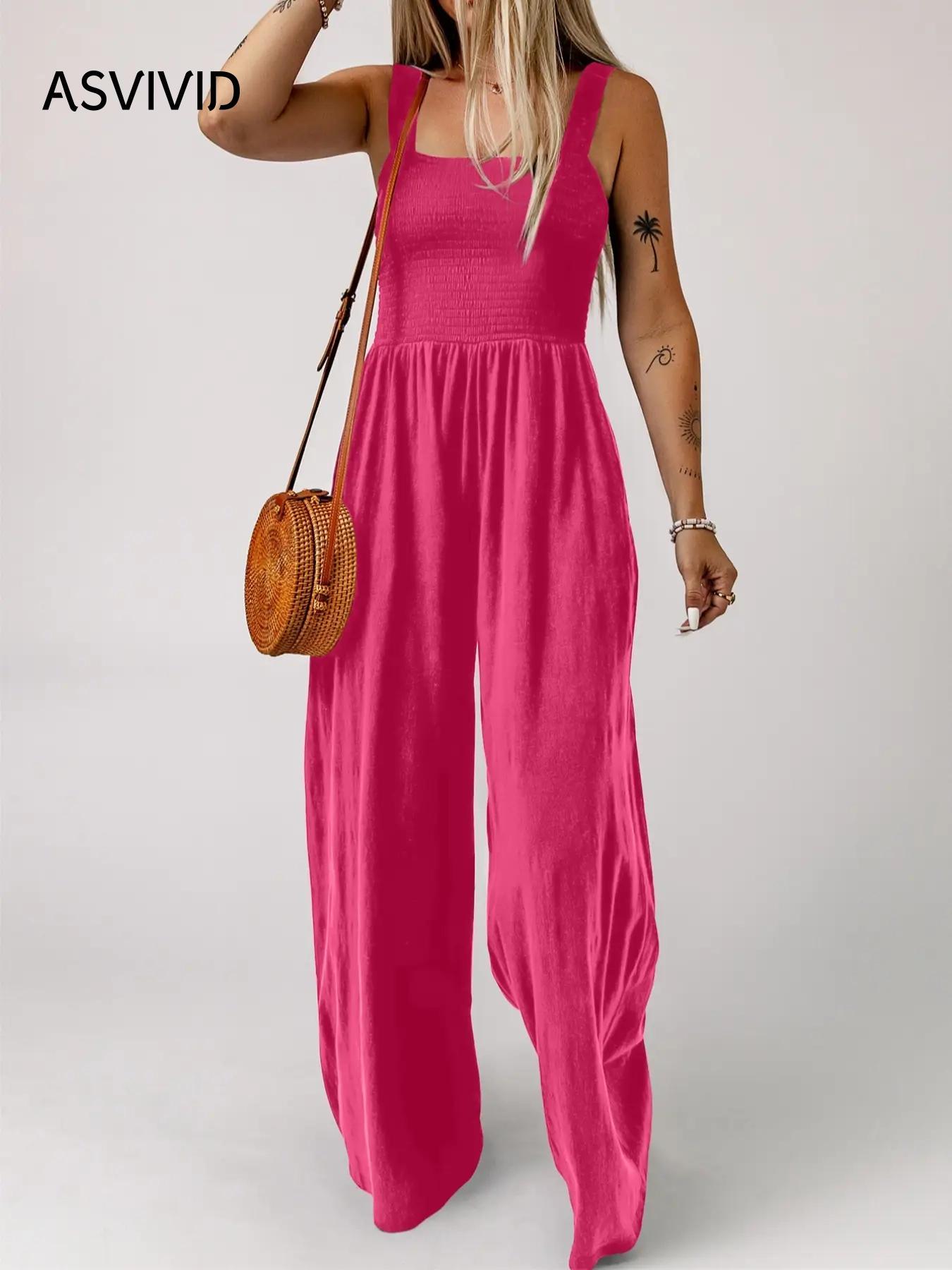 Women's Summer Plain Backless Shirred Wide Leg Cami Jumpsuit, Summer Clothes Women, Convenience Casual Pocket Square Neck High Waist Overall Jumpsuit, Ladies Clothes for Daily Wear