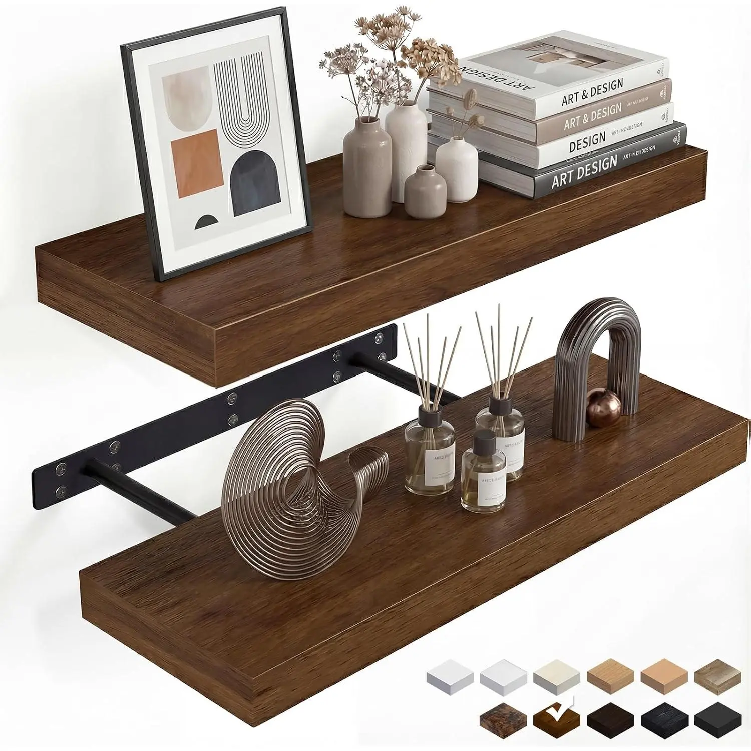 Walnut Floating Shelves for Wall, 24 in Wall Mounted Shelves  for Bedroom, Bathroom, Living Room and Kitchen Decoration Storage(Set of 2)