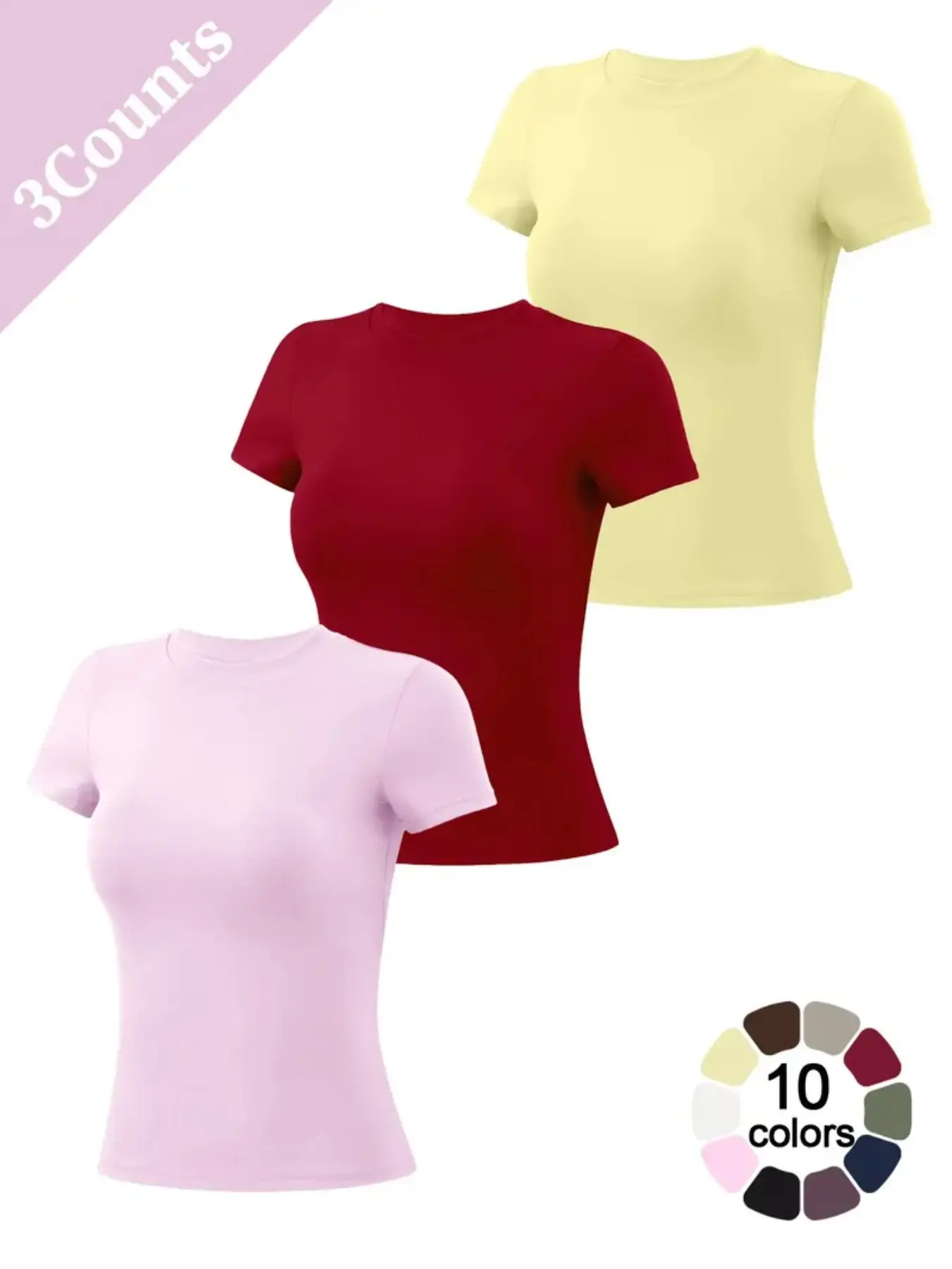 Women's 3-Piece Slim Fit Short Sleeve Sports Tops, Stretchy Soft Yoga Fitness T-Shirts, Quick-Dry Running Workout Apparel, Dry Fit Performance