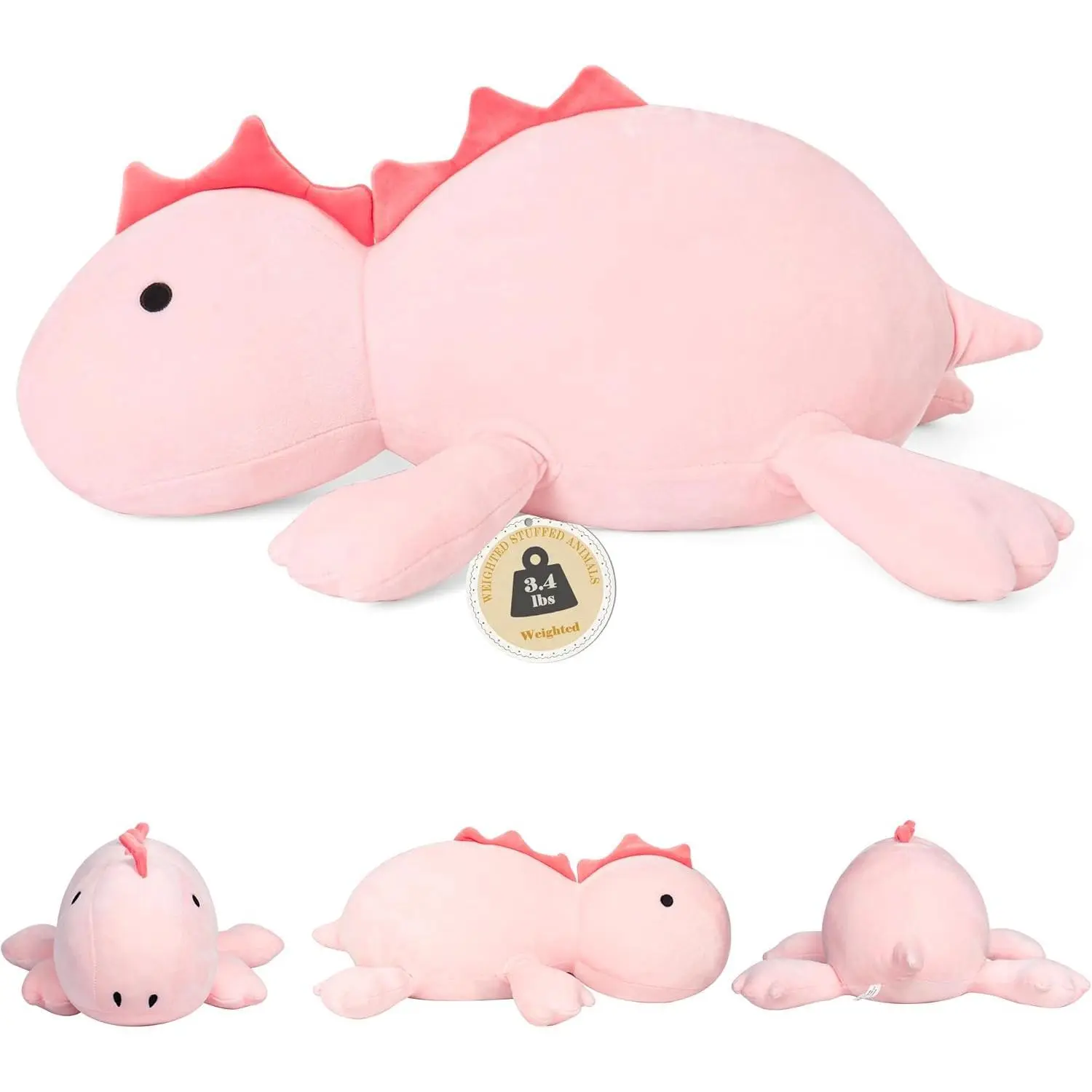IdeaMeme 22-in Pink Dino Weighted Stuffed Toy - 3.5 lbs Unisex Stress Relief Plush, Turtle/Chicken/Cow Animal-Nature Themed Pillow Gift for Kids, Soft Toy, Animals & Nature