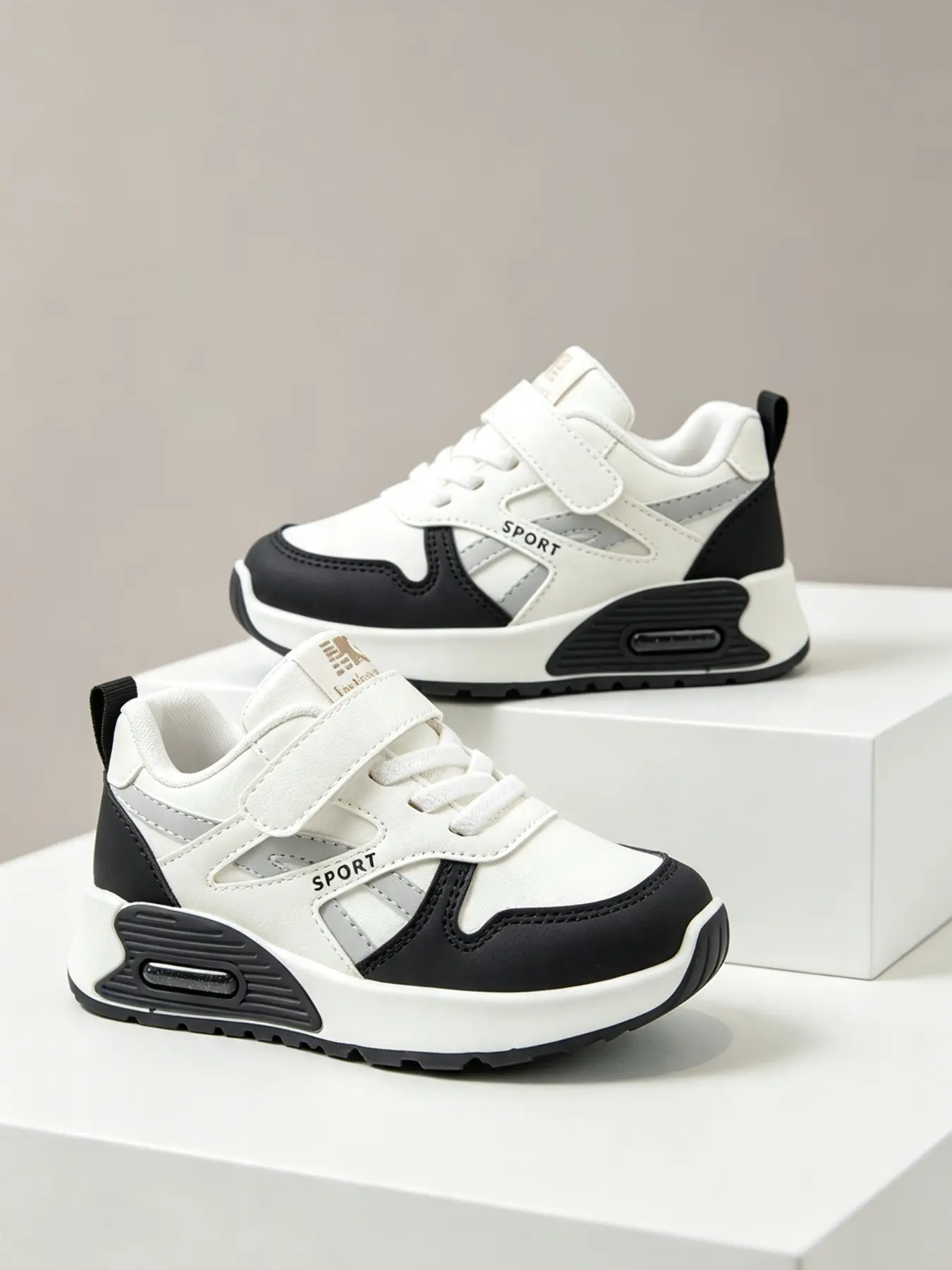 Colorblock Air Cushion Sports Shoes, Unisex Velcro Casual Sneakers, Waterproof PU Leather, Anti-Slip Running Shoes for All Seasons