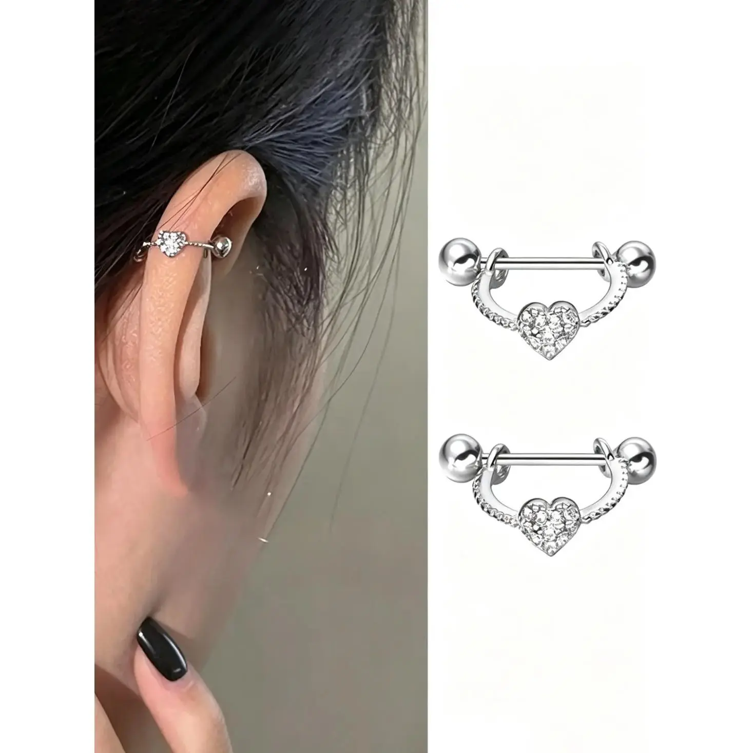 1 Pair Heart Zircon Cartilage Earrings, Curved U Bar Helix Earrings with Screw Ball Back, Dainty Sparkle Ear Studs, Trendy Romantic Ear Jewelry for Everyday Wear, Parties & Date Nights