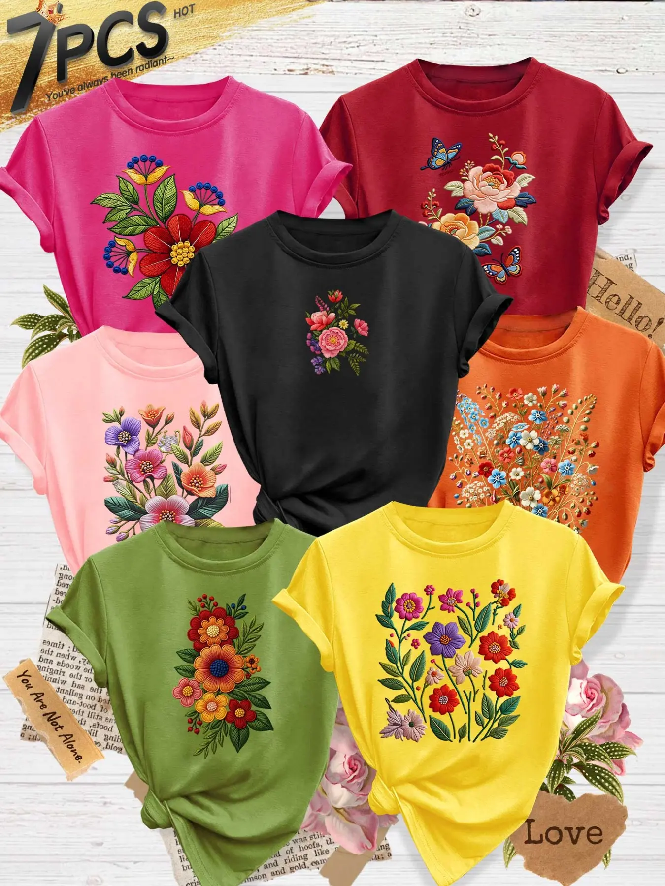 7Pcs Women Heather Crew Tee, Casual Butterfly Wild Fresh Floral Flower Print, multi-color, washable, soft spring summer tee, Casual Soft Top