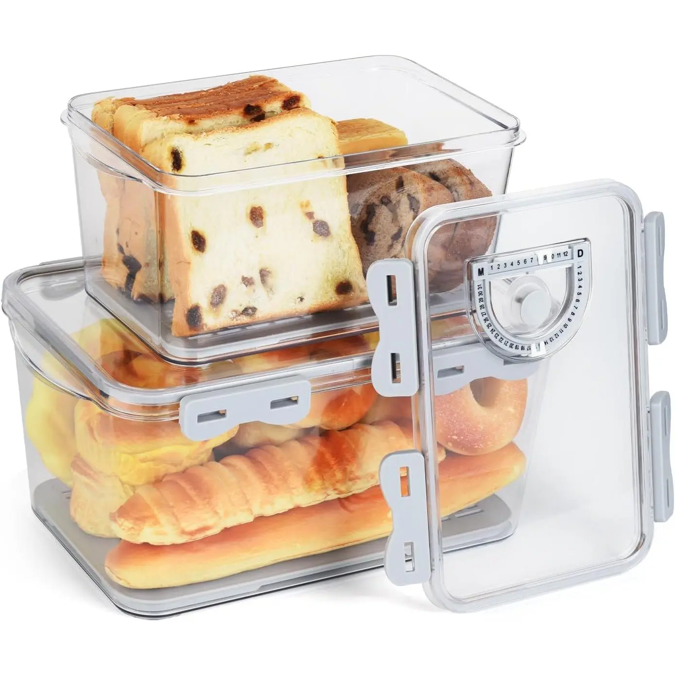 Bread Storage Container 2 count Bread Boxs for Kitchen Counter Bread Saver Container Airtight Homemade Bread Loaf Storage Time Recording for  Bread, Toast and Cookies, Grey