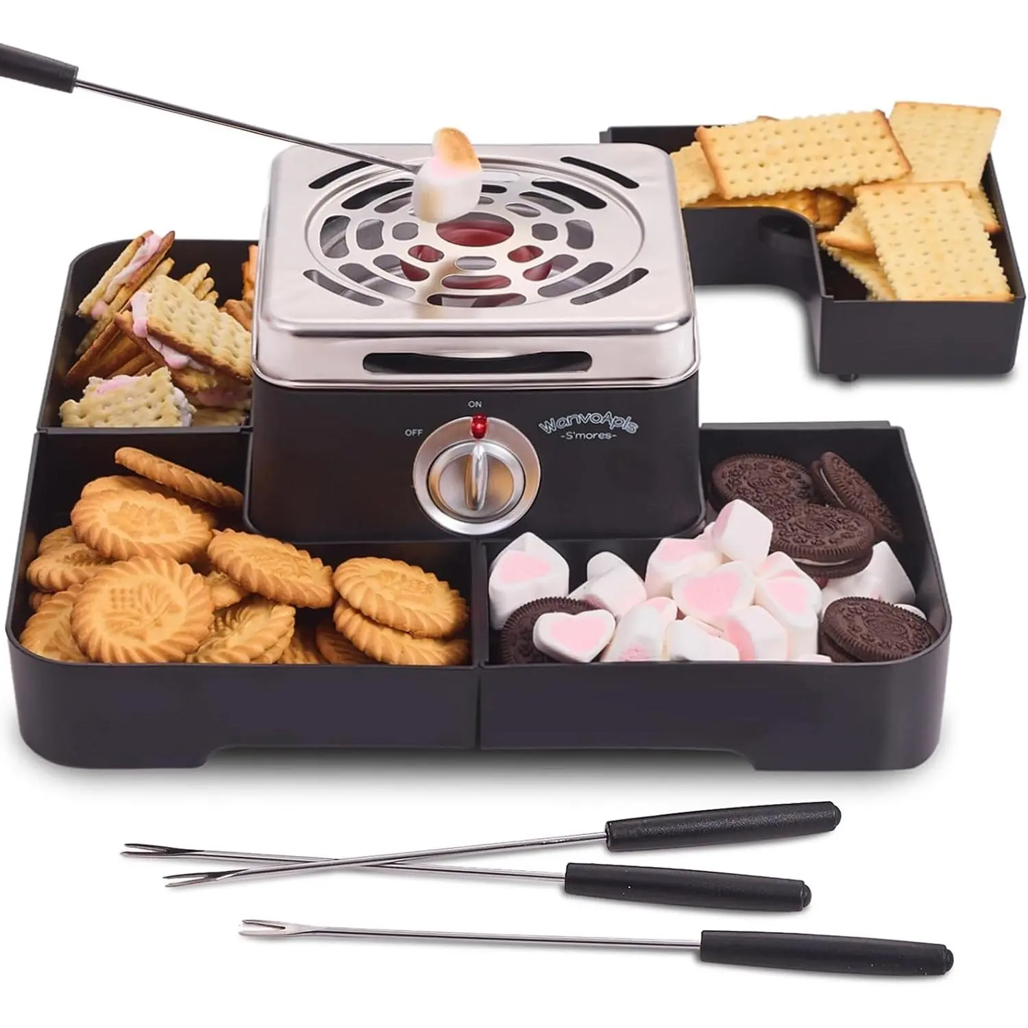 Black Electric Flameless S'mores Maker - Indoor Tabletop Kit with Flameless Heat, 4 Detachable Trays, 4 Stainless Steel Forks for Indoor Use, Party Fun