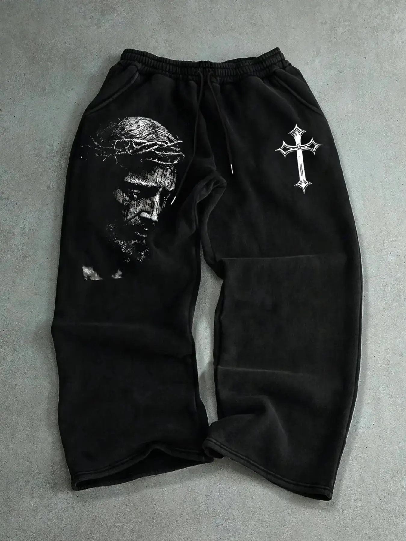 Vintage Washed Black Jesus Cross Graphic Sweatpants, Drawstring Elastic Waist Wide Leg Joggers, Gothic Loose Baggy Streetwear Casual Trousers, Y2K Unisex Bottoms
