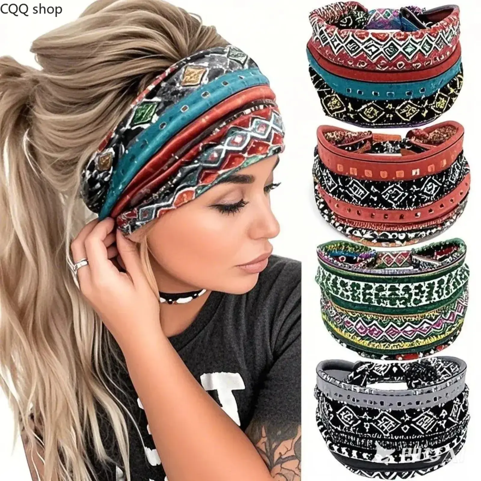 4pcs Set Of Bohemian Style Wide Headband for Women - Sweat Absorbing Lightweight Yoga Exercise Headband with Vintage Print Design