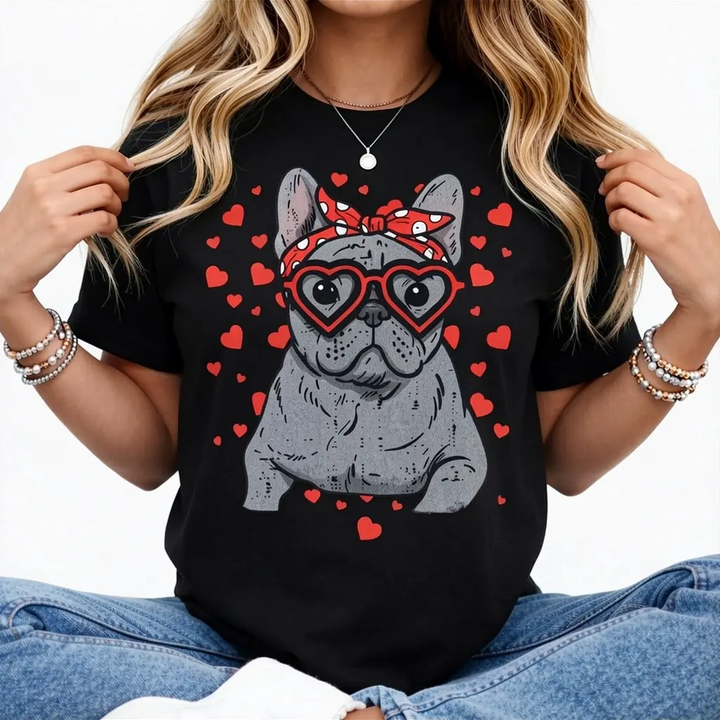 French Bulldog Heart Glasses Valentine Day Frenchie Dog Gift T-Shirt Pure Cotton Graphic Tees Menswear Top: Gifts for Men & Women
