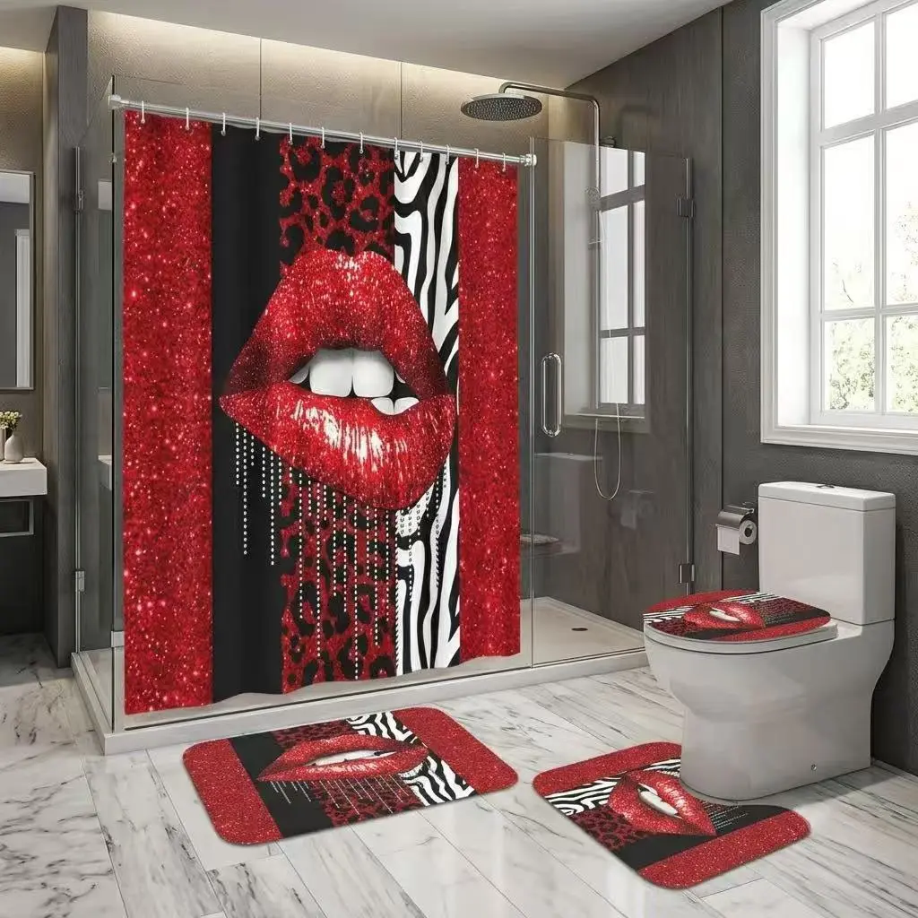 4pcs Red Glitter Lips & Animal Print Shower Curtain Set – Bathroom Shower Curtain Sets, Printed Shower Curtain, Soft Thick Fabric with Zebra & Leopard Accents, Valentine’s Day Inspired Bathroom Decor, Extra Plush Bath Mats for Bold Comfort