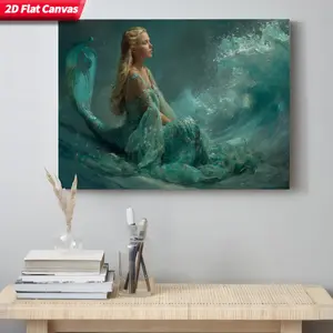 2D Flat, 1pc Large Modern Mermaid Wall Art - Wrap-Around Framed Canvas Painting Suitable for Living Room, Horizontal Ocean Waves & Teal Gown Sea Creature, High-Realistic Ethereal Mermaid Print for Office, Spring Summer Nautical, 2D Flat
