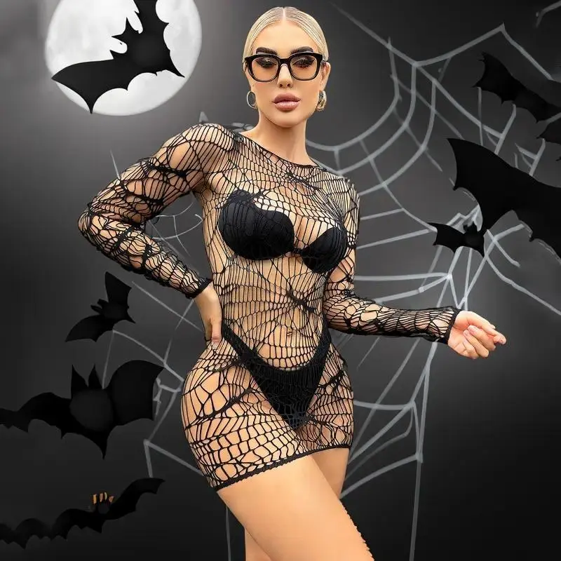 Web Pattern Ultra-Short Mini Fishnet Wrap Dress, Stretch Mesh Romantic Glamorous Outfit, Halloween Costume Club Lingerie Accessories for Night Events, Women's Clothes, Mini Dress, Transparent Clothes For Women