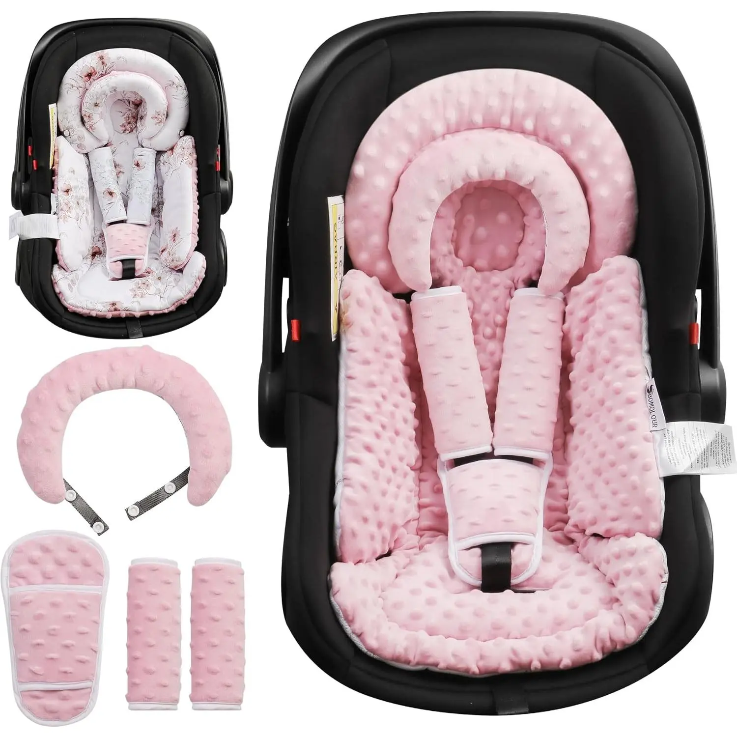 Unisex All-Seasons Plush Fabric Infant Car Seat Insert with Removable Cushion, Baby Head Support - Fits Stroller, Bassinet - Pink Gift