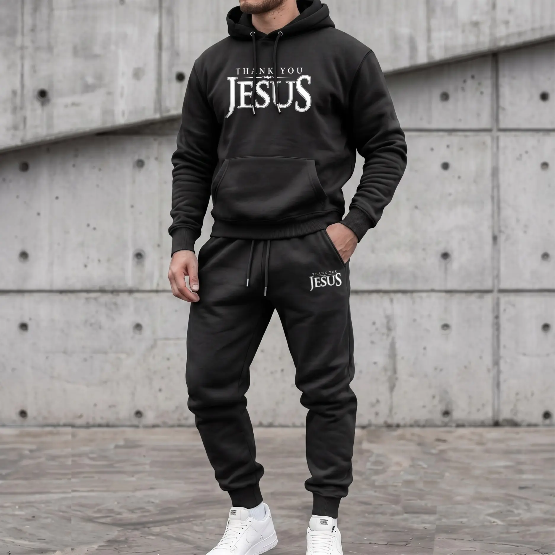 Men's 2-Piece Minimalist Loose-Fit Christian Thank You Jesus Letter Print Matching Set - Hooded Sweatshirt, Drawstring Joggers, Long-Sleeve Polyester Breathable Casual Sporty Fall Winter Athleisure Tracksuit (Mens Clothing, Hooded Sweatshirt Set)
