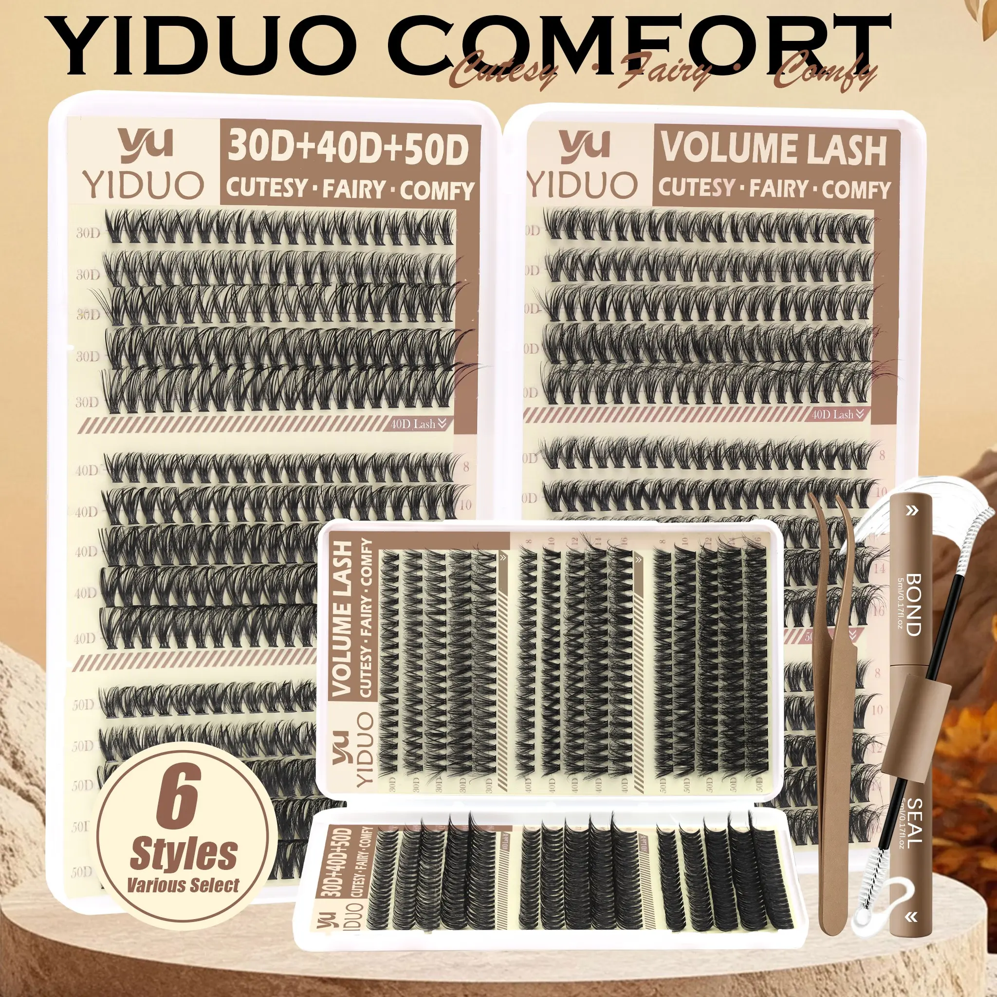 YIDUO 30D 40D 50D Eyelash Extension Kit, Beginner-Friendly Lash Clusters Kit with Bond and Seal & Tweezers, 0.05mm Ultra-Thin Band, Waterproof 8-16mm D Curly Volume Lashes.