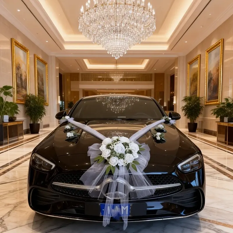7pcs Wedding Car Decoration Front Flower Set - Main Wedding Car Flower Arrangement White Artificial Flower Wedding Accessories Wedding Car Fleet Hand Flower Complete Wedding Accessories Set