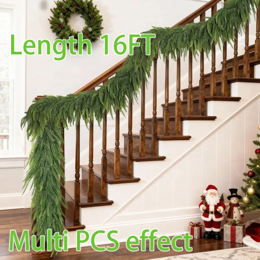 16ft Christmas Norfolk Pine Wreath, Artificial Fir Wreath, Hanging Wreath, Festive Decoration Holiday Decor for Fireplace, Table, Window, Staircase, Indoor Outdoor
