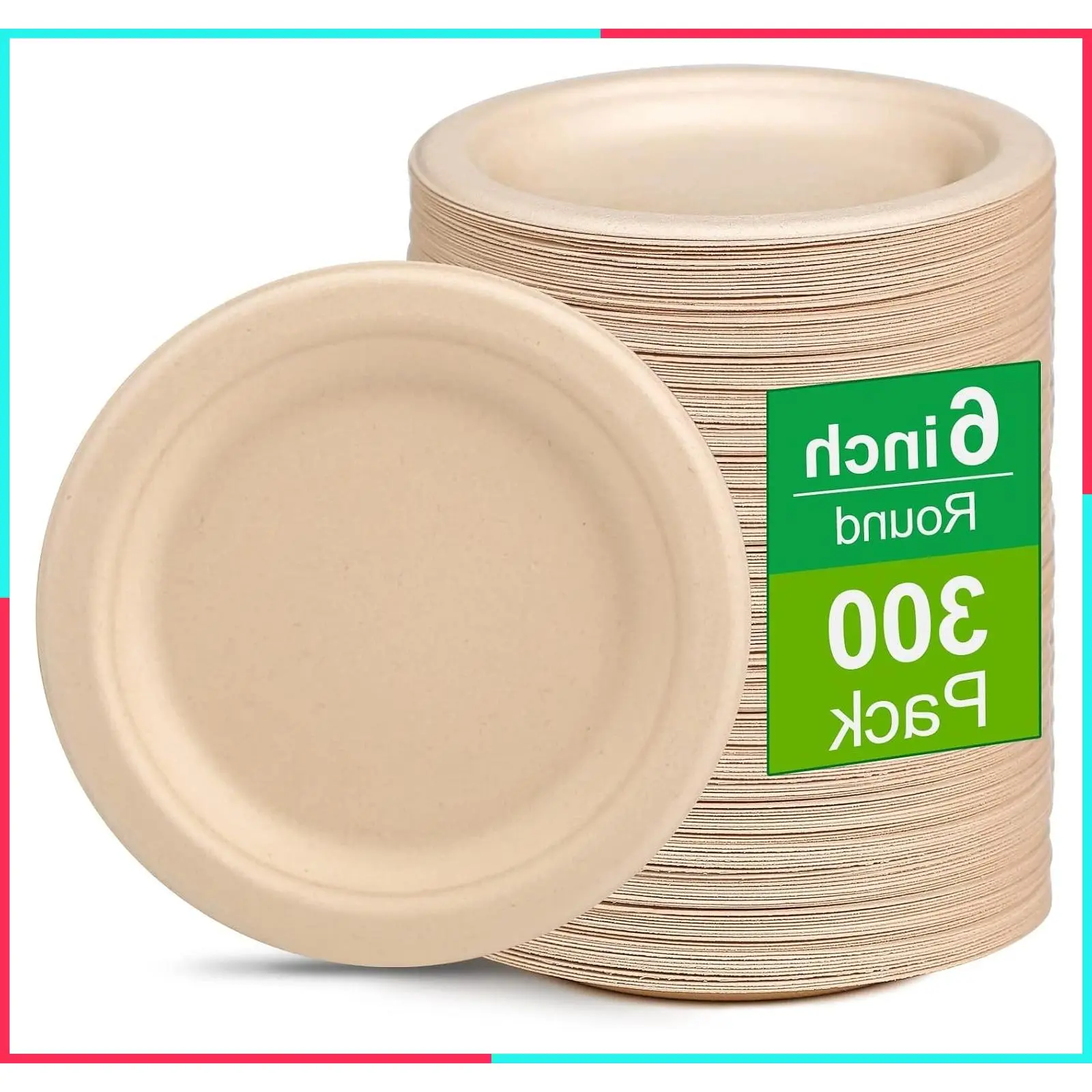 300 Pack 6 Inch Paper Plates, Small Disposable Dessert Plates, Brown Compostable Plates Made from Sugarcane Fibers, Recycled Plates for Dessert, Cake & Appetizer
