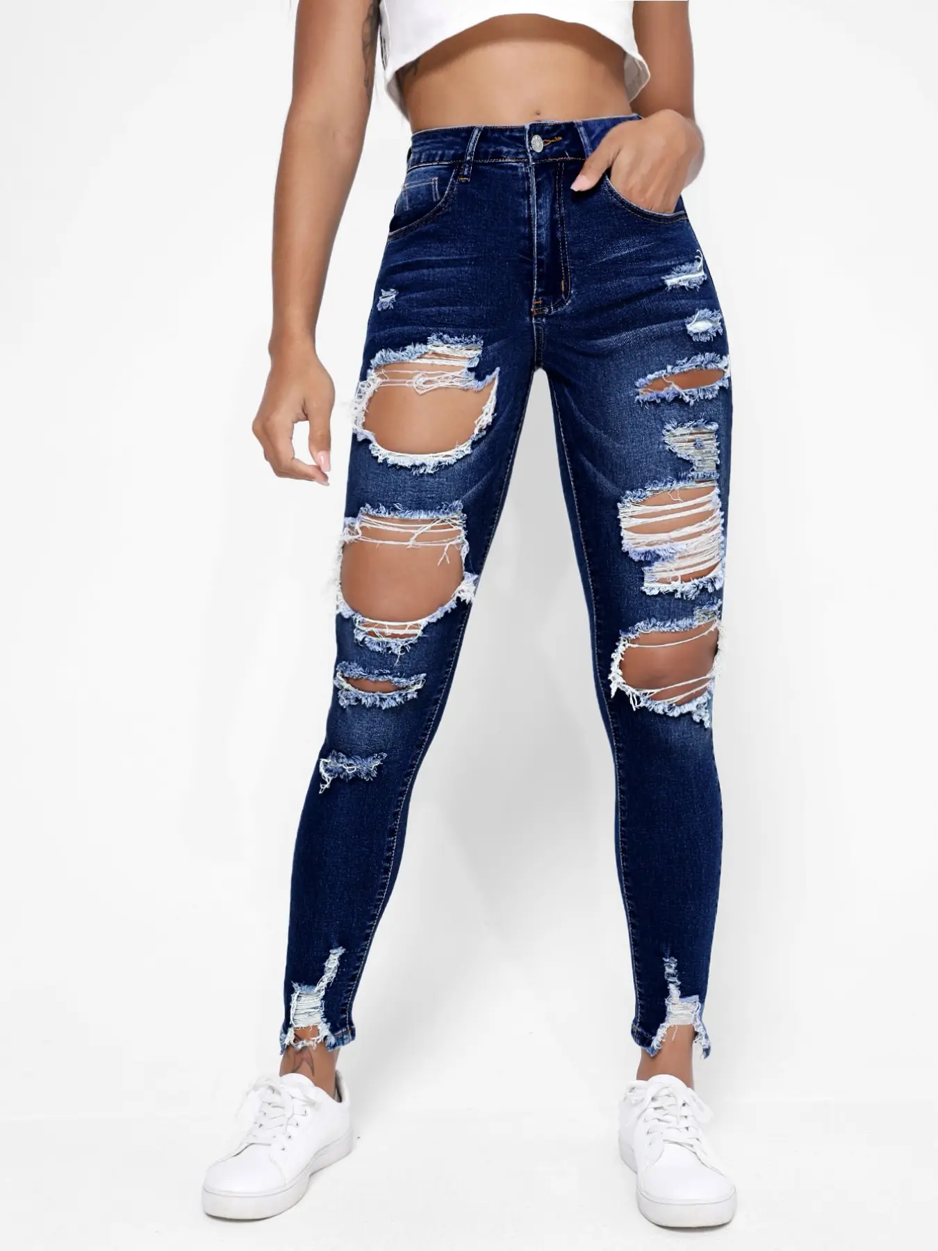 Women's High Waist Deep Indigo Tight Fit Jeans, Large Ripped Vintage Cuffed Denim Jeans, Stylish Long Jean for Everyday Wear Streetwear