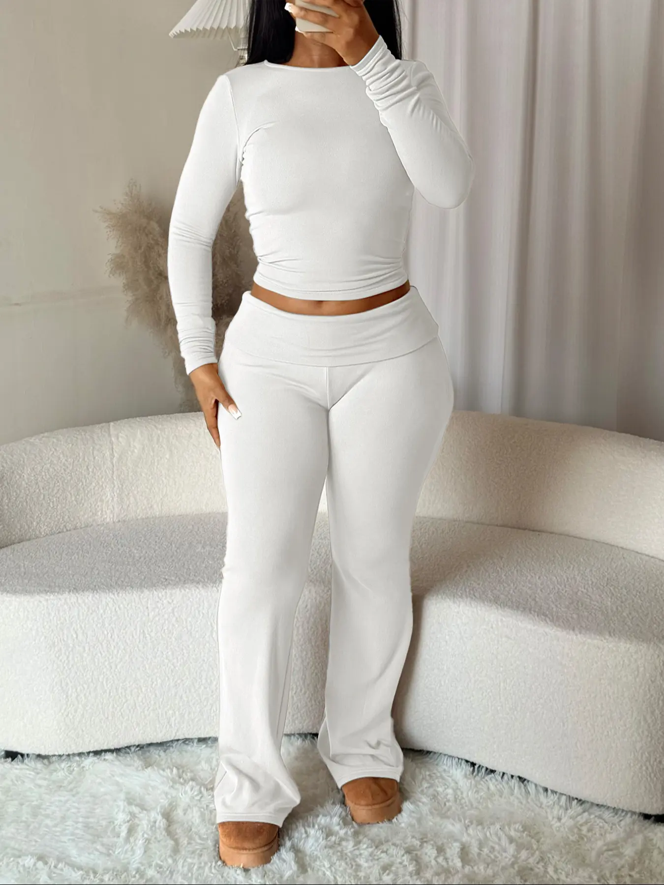 Women Two Piece Set Womenswear Solid White Long Sleeve Cropped Top and Flared Pants Outfit Pant Sets Casual Knitted Lounge Set Wear Basic Matching Set Y2K Streetwear Slim Fit Tracksuit Sexy Bodycon Festival Outfit Party Clubwear Fashion Co Ord