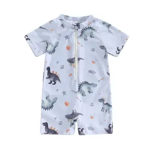 Baby Boy Dinosaur Swimsuit Short Sleeve Rash Guard  Bathing Suit Mock Neck Half Zip Up Swimwear Toddler Beach Outfits 6M 12M 18M 24M 2T