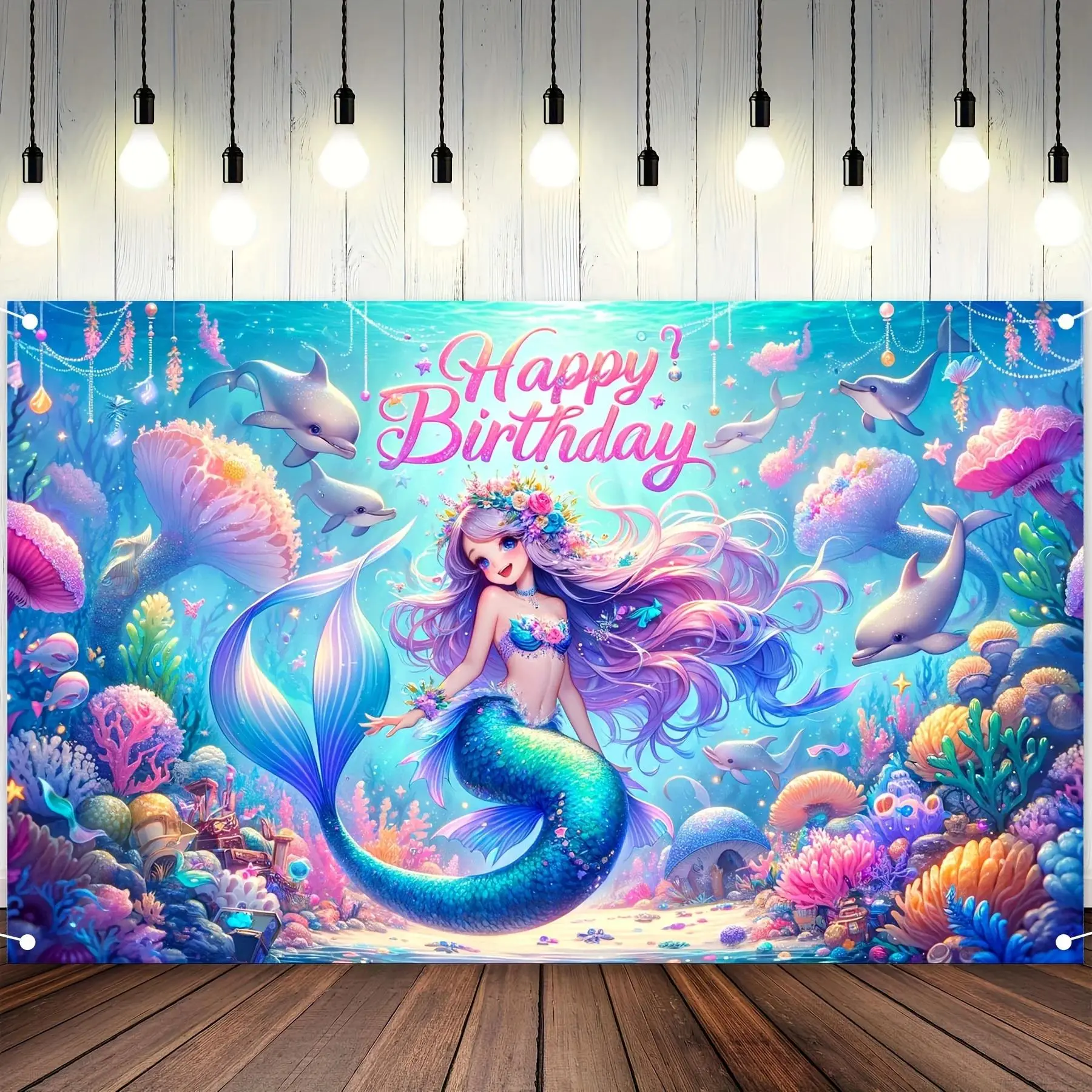 Mermaid Happy Birthday Backdrop Ocean Theme Tapestry Wall Hanging Photography Background Polyester Fabric Kids Party Decor Studio Celebration Banner Prop Gift Supplies
