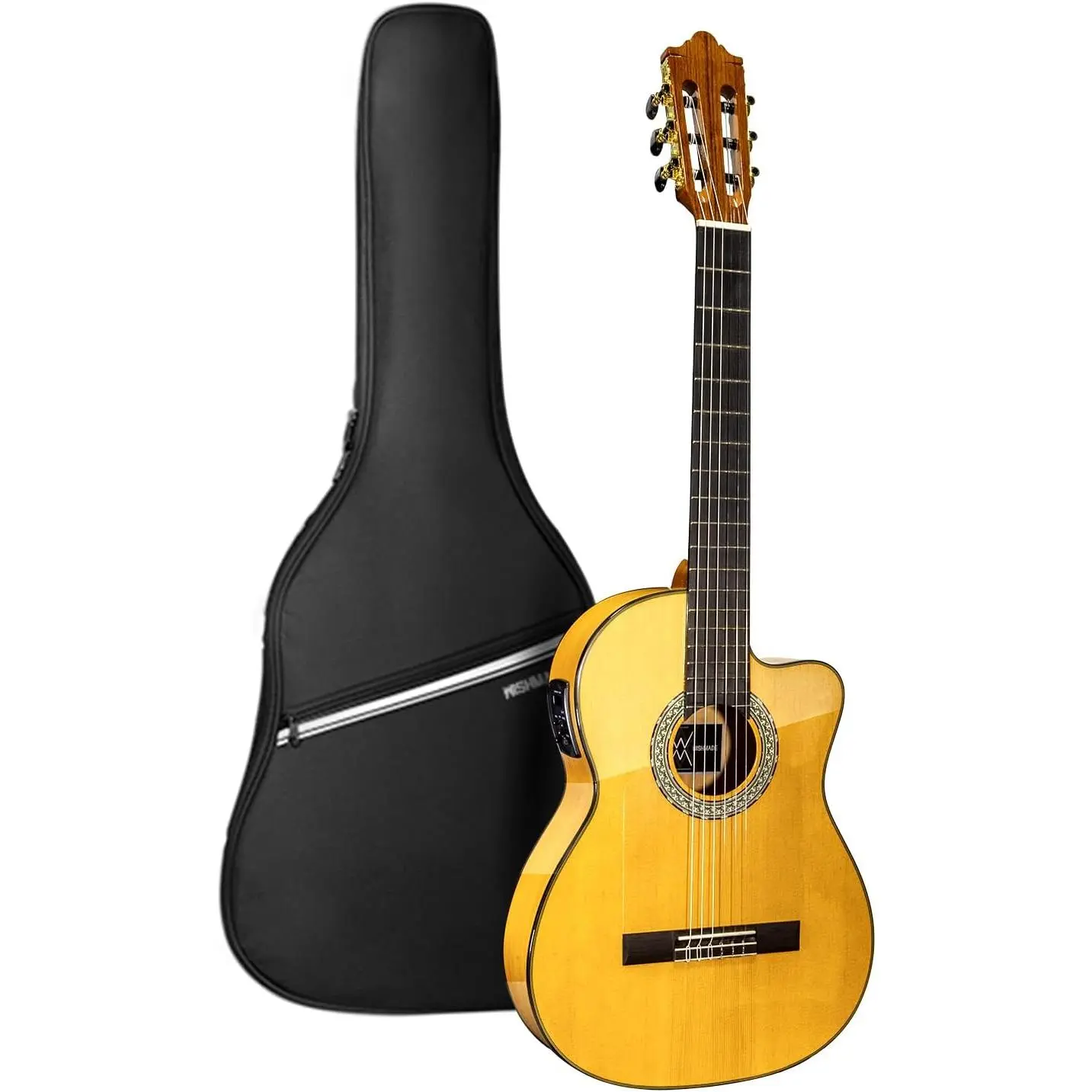 WishMade Flamenco Acoustic Electric Classical Nylon Acoustic Guitar for Beginner Adults - Spruce Wood Top, Cypress Back and Sides, Cutaway Body, 2-Band EQ Pickup, Padded Gig Bag Included