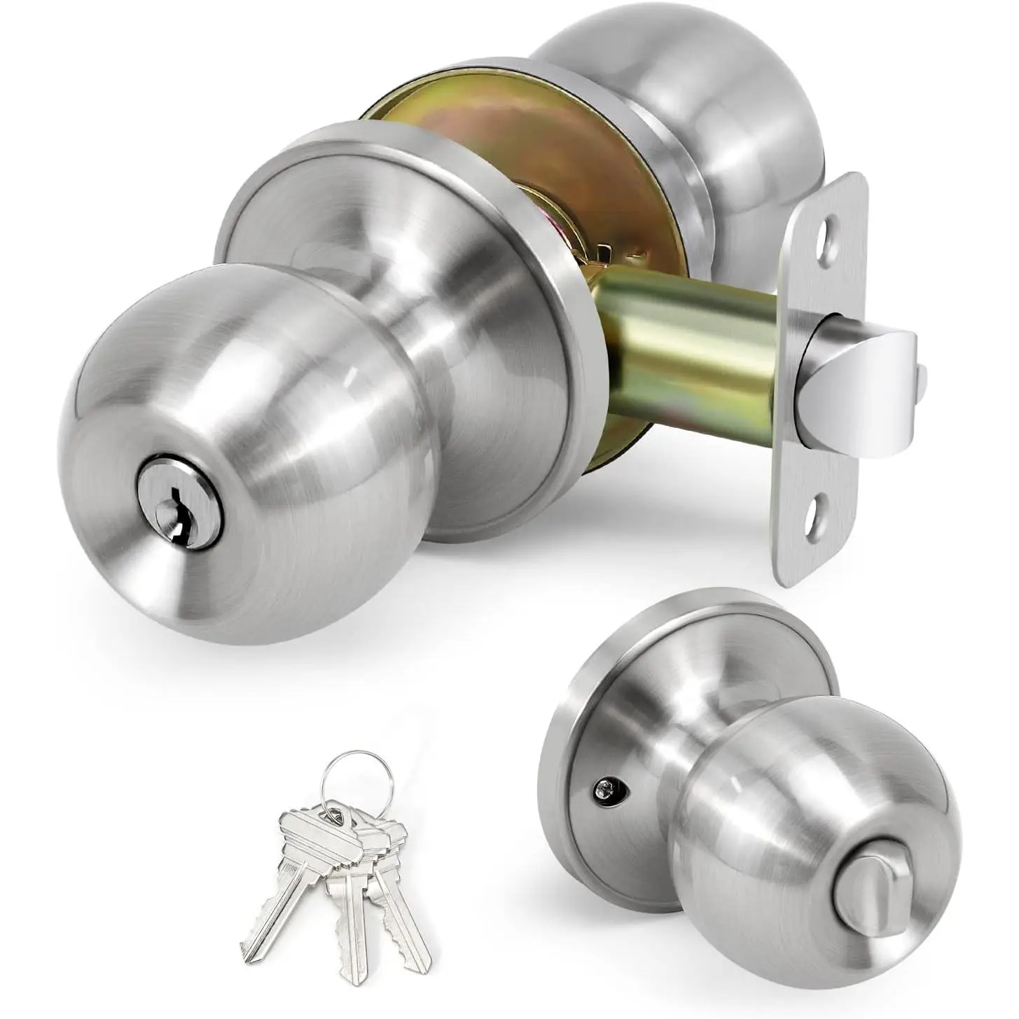 Ball Door Knob Entry Function, Keyed Entry Door Knob with Lock, Round Ball Handle for Front Door Right and Left Side, Satin Nickel,1Pack