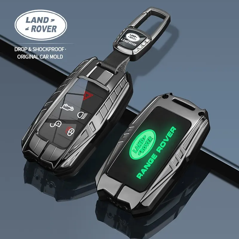 Suitable for Land Rover Range Rover Sport, Range Rover Evoque, Discovery Sport, Discovery 4, Range Rover Freelander 2 5-button Metal Car Key Protective Case, key cover, armored style with glow-in-the-dark logo on the back
