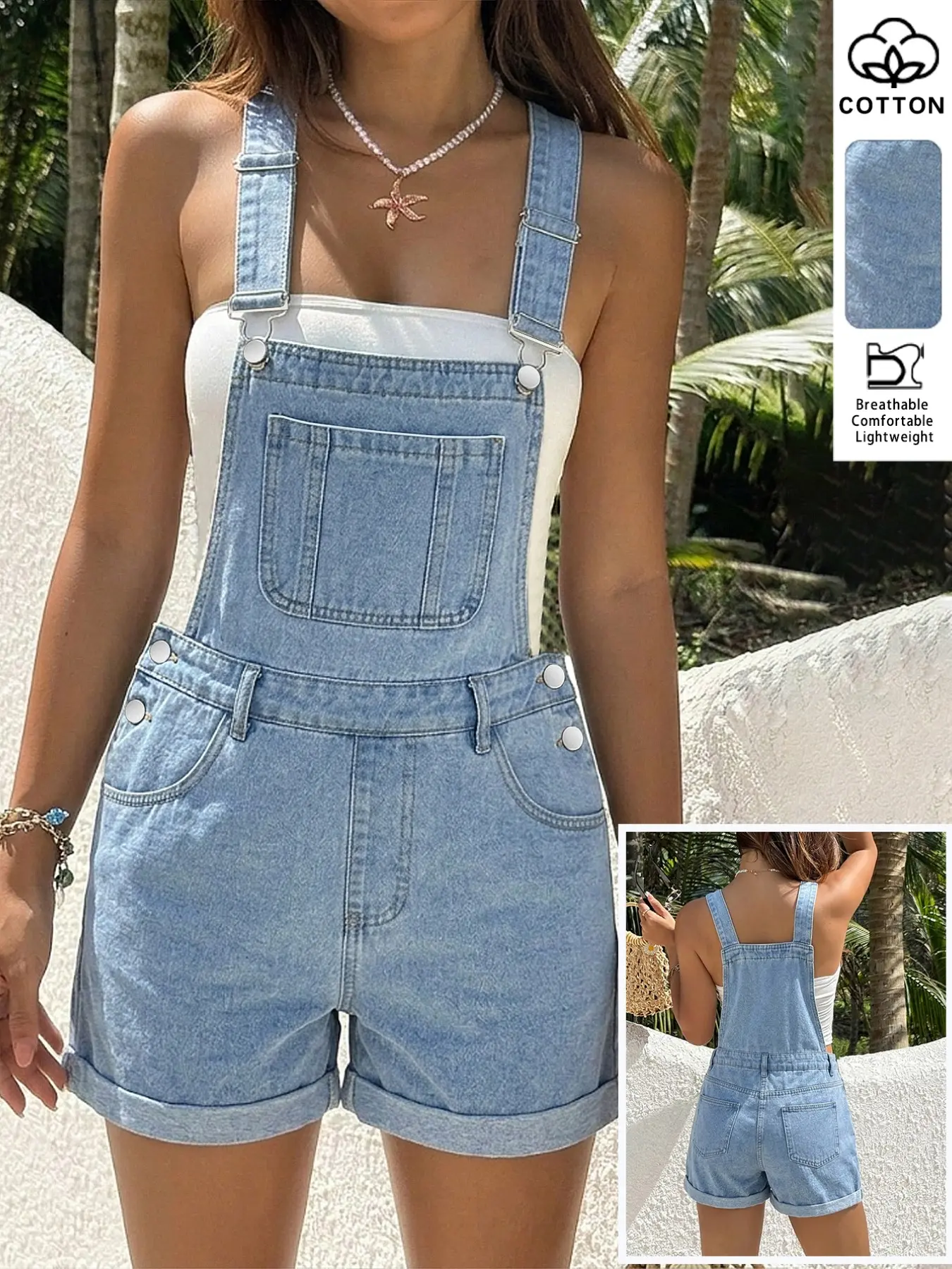 Summer Youthful Denim Overalls Shorts, Basic Light Wash Pure Cotton Breathable, Loose Hem Multi-Pocket, Casual Vacation Workwear Short Pants